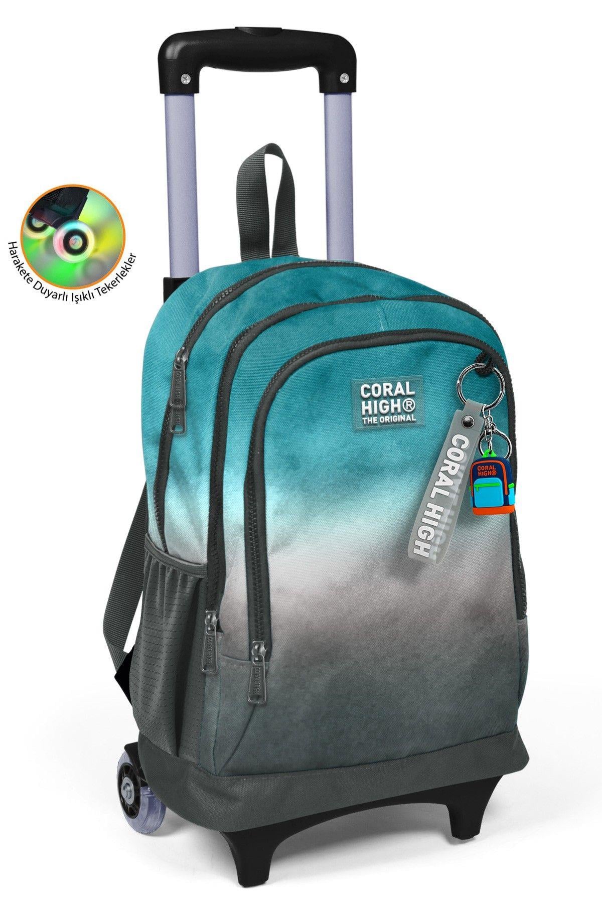 Coral High Işıklı Tekerlekli Turkuaz Gri Batik Çekçek Okul Çantası - Erkek Çocuk