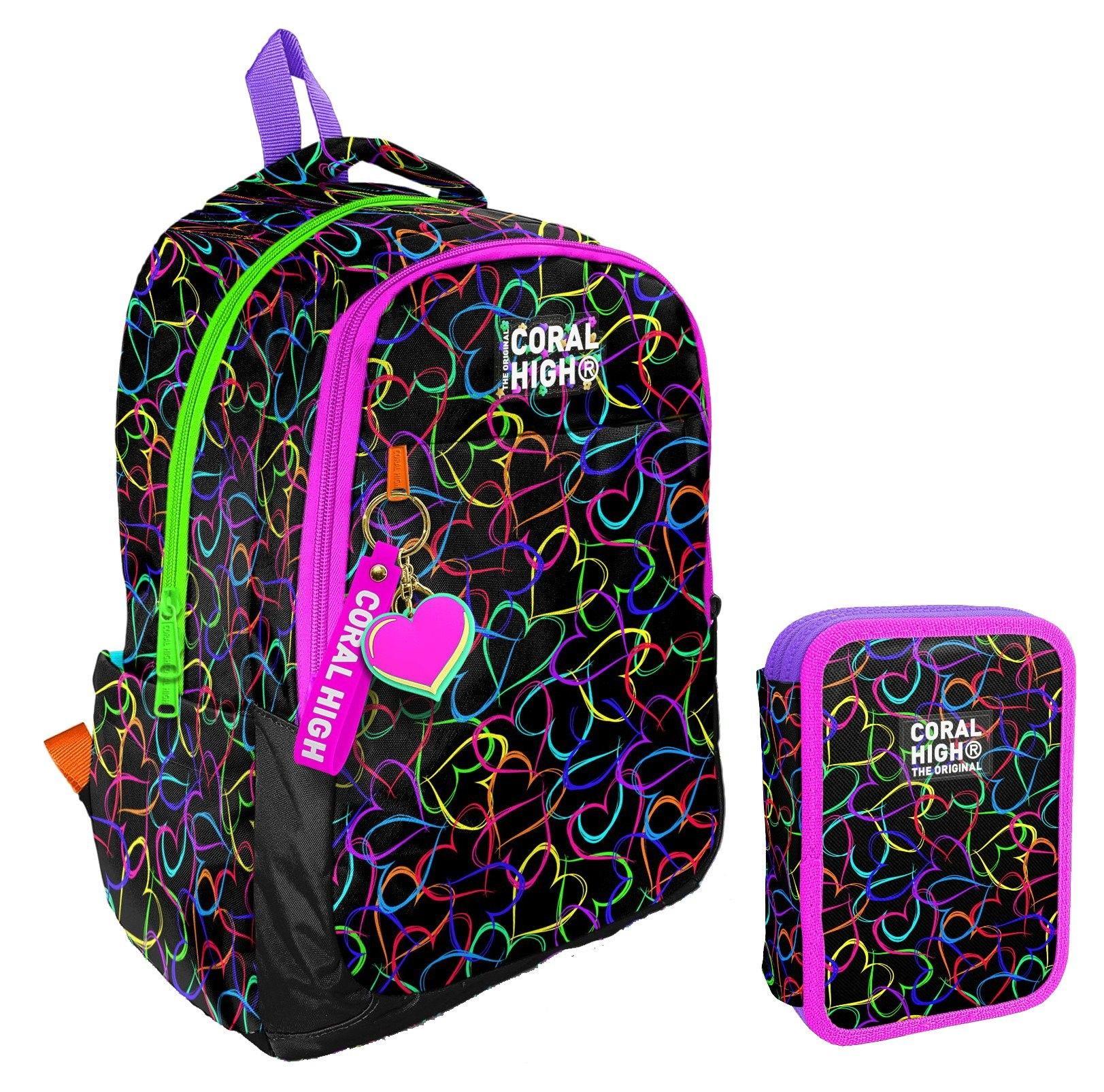 Coral High Kalp Baskılı Siyah Pembe Kız Çocuk Okul Çantası ve Organizer Kalemlik Seti 23670+11145