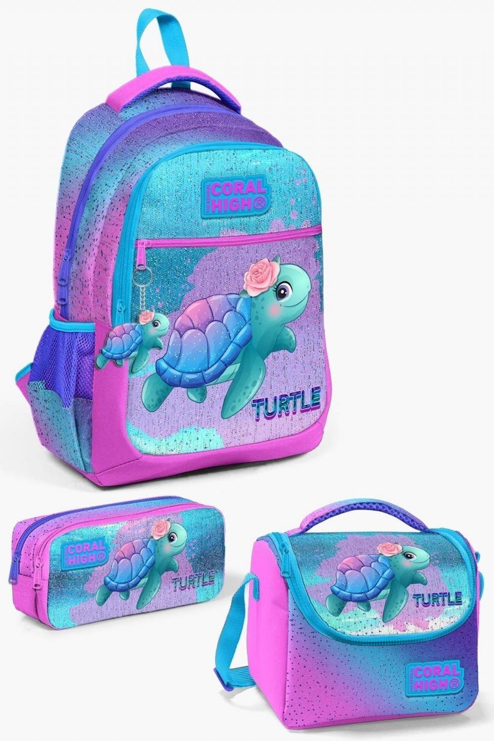 Coral High Kids Açık Pembe Mavi Kaplumbağa Desenli 3lü Okul Çanta Seti - Kız Çocuk