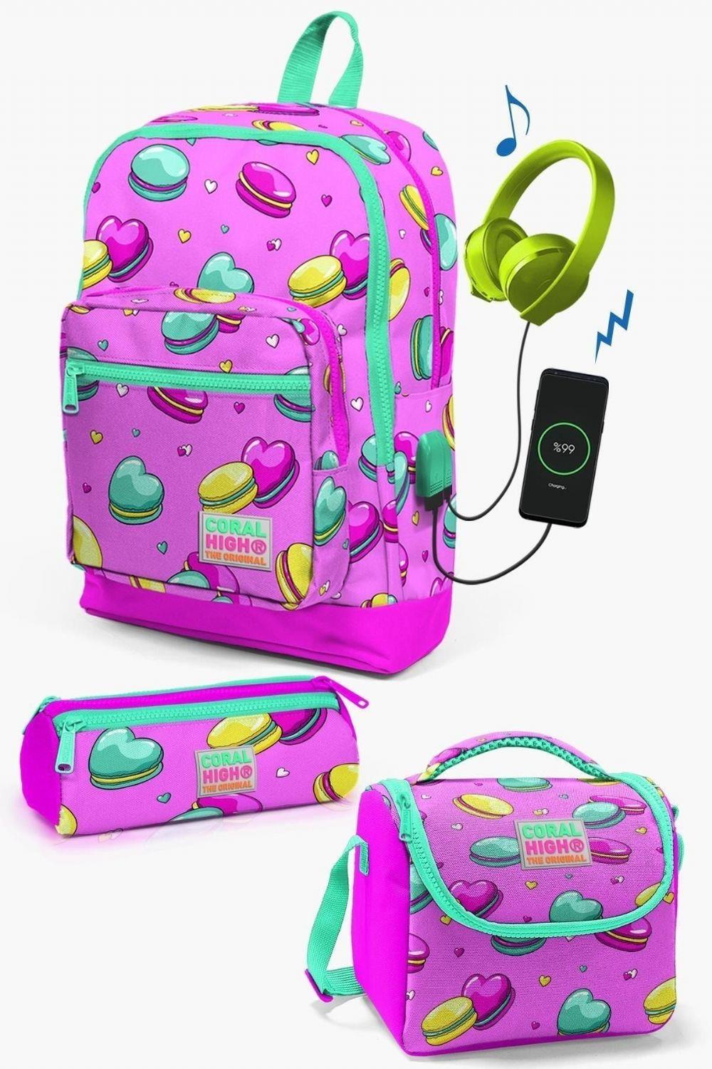 Coral High Kids Açık Pembe Su Yeşili Makaron Desenli USB'li 3lü Okul Çanta Seti - Kız Çocuk