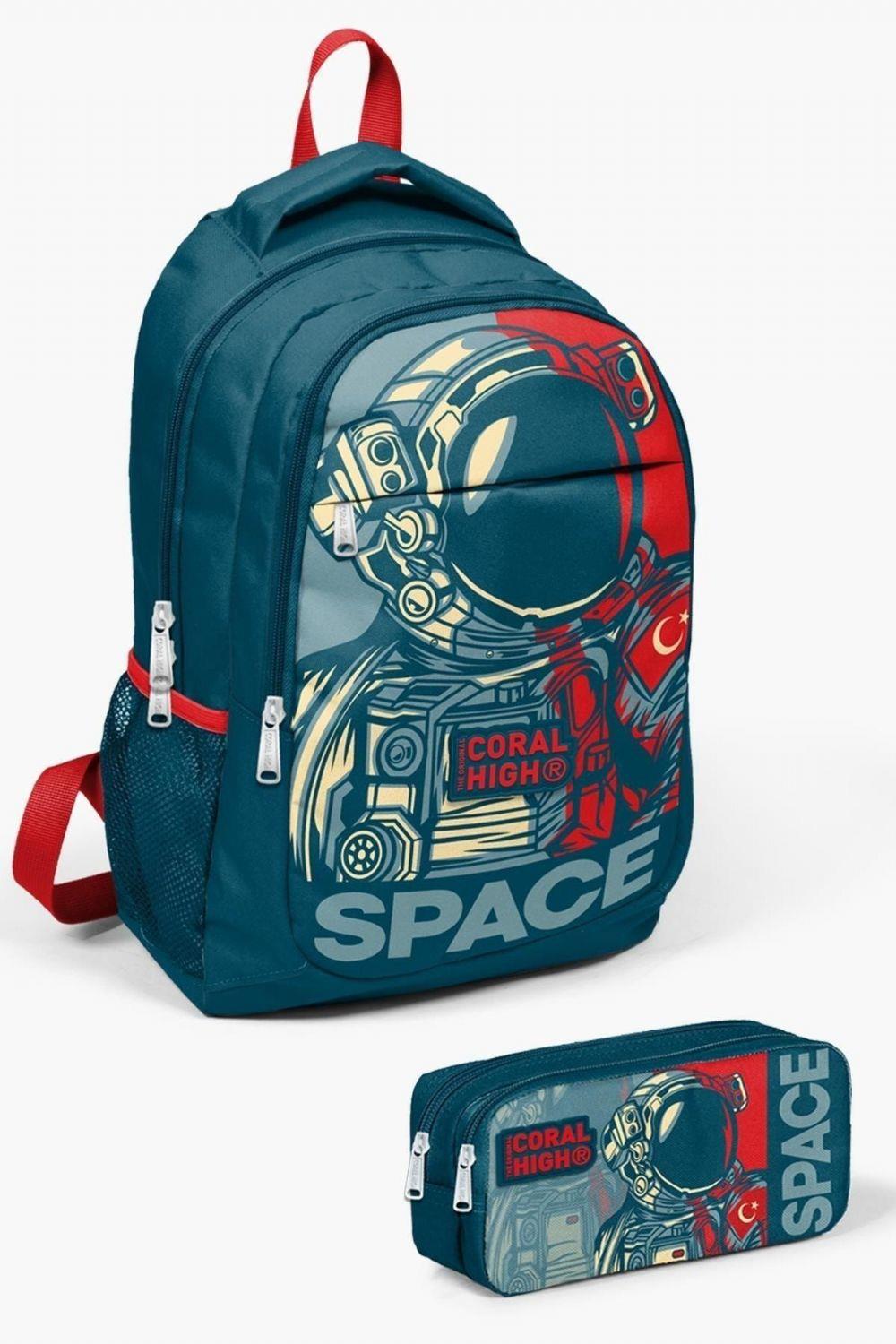 Coral High Kids Çivit Kırmızı Astronot Desenli 2'li Okul Çanta Seti - Erkek Çocuk