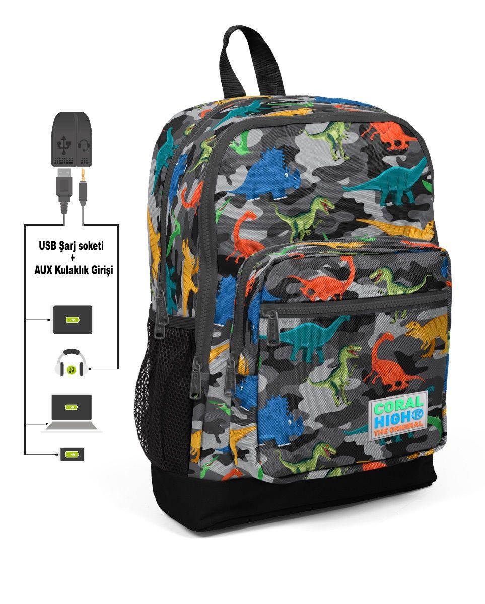 Coral High Kids Dinazor Kamuflaj Desenli Dört Gözlü Erkek Çocuk İlkokul Çantası -USB+AUX Soketli