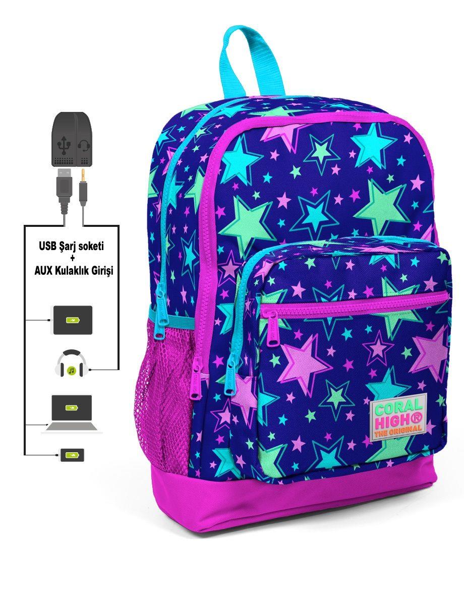 Coral High Kids Dört Gözlü İlkokul Çantası - Yıldız Desenli - USB+AUX Soketli