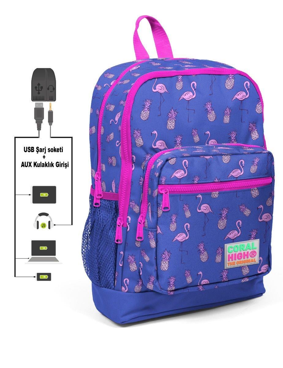Coral High Kids Dört Gözlü Kız Çocuk İlkokul Çantası - Flamingolar Baskılı - USB+AUX Soketli