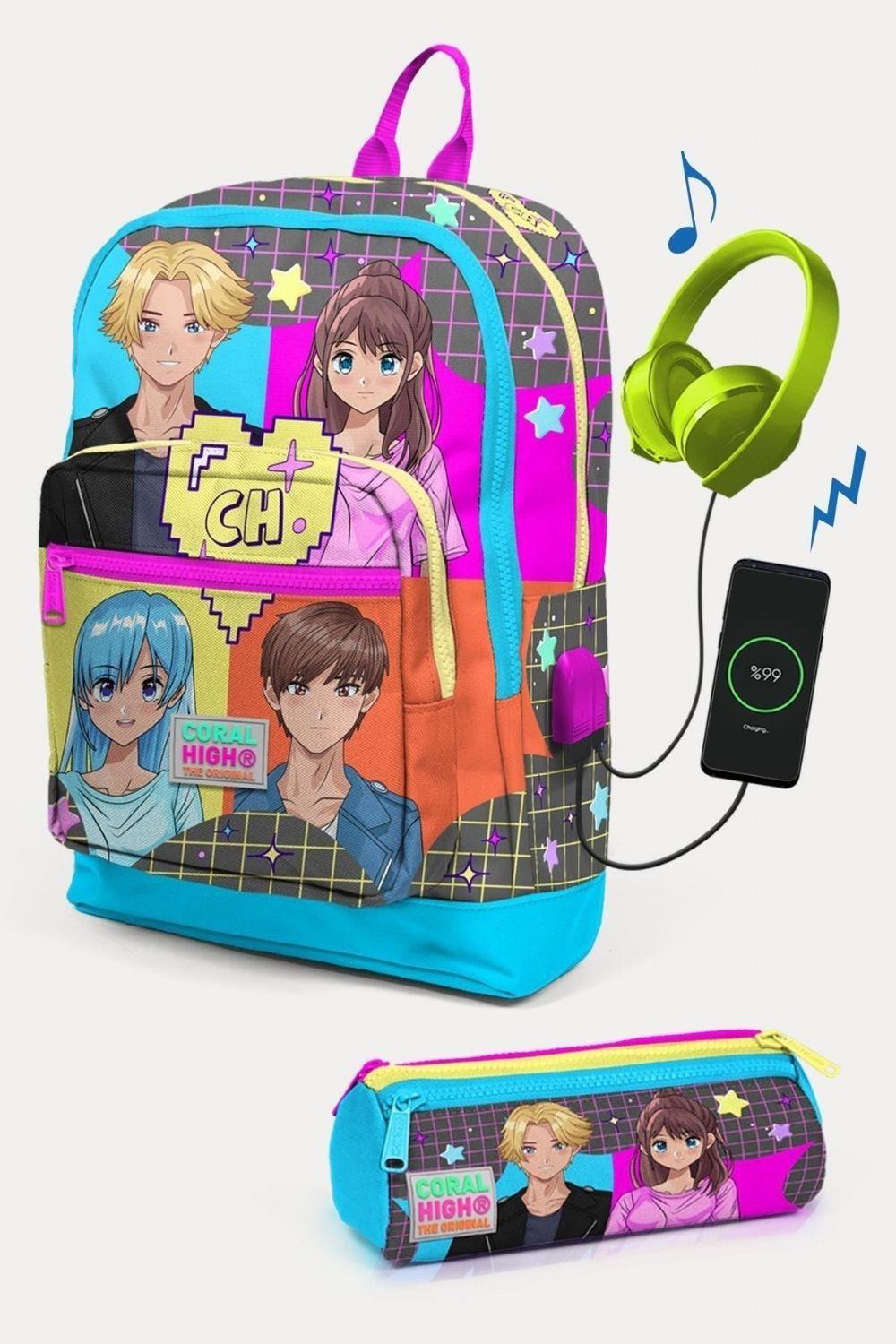 Coral High Kids Gri Mavi Pembe Anime Desenli USB'li 2'li Kız Çocuk Okul Çanta Seti