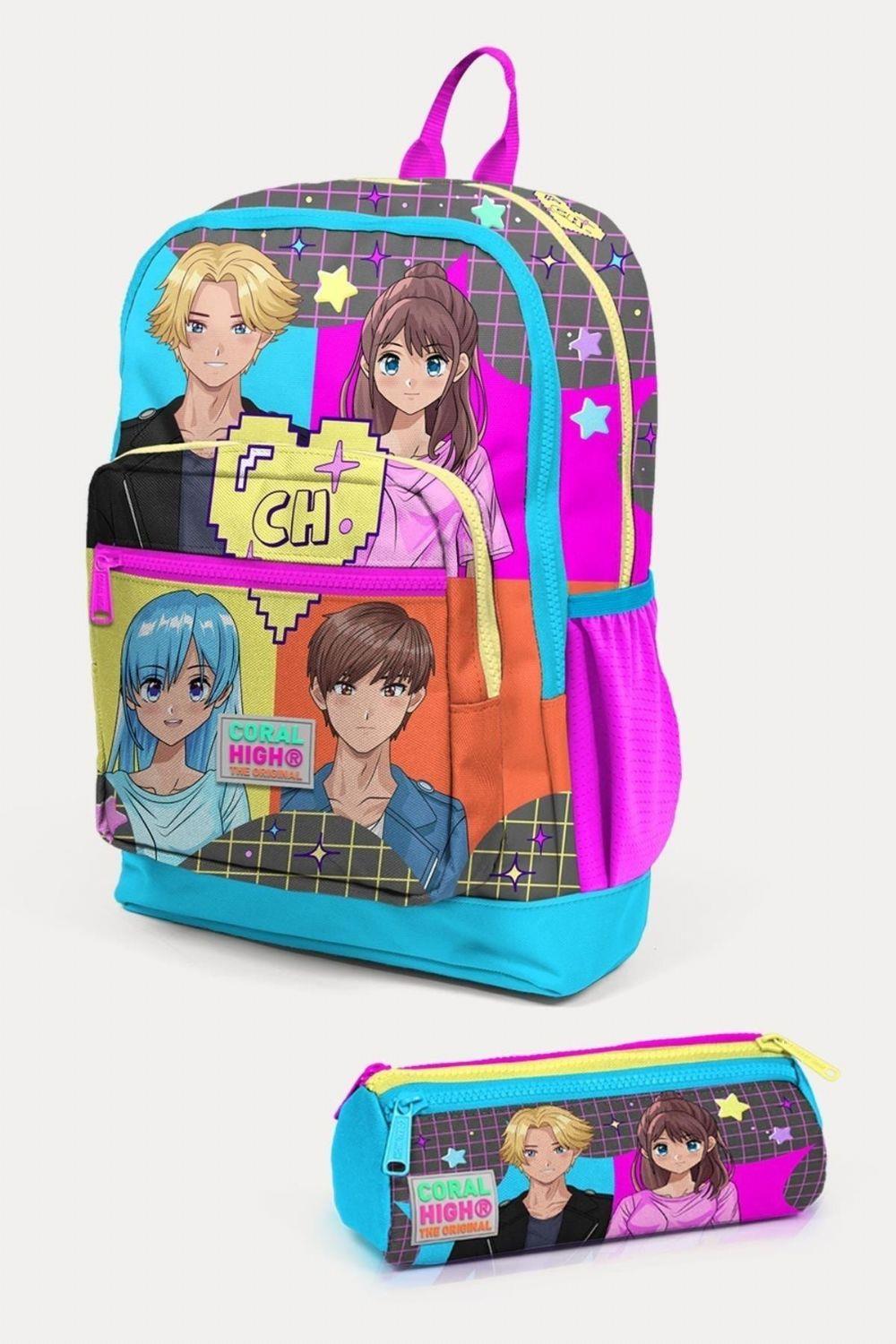 Coral High Kids Gri Mavi Pembe Anime Desenli 2'li Okul Çanta Seti - Kız Çocuk