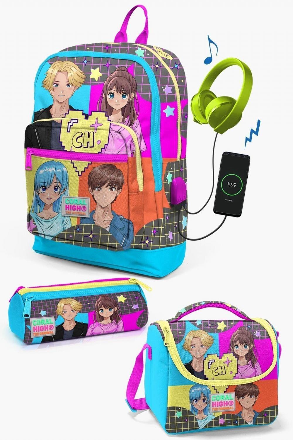 Coral High Kids Gri Mavi Pembe Anime Desenli USB'li 3lü Okul Çanta Seti - Kız