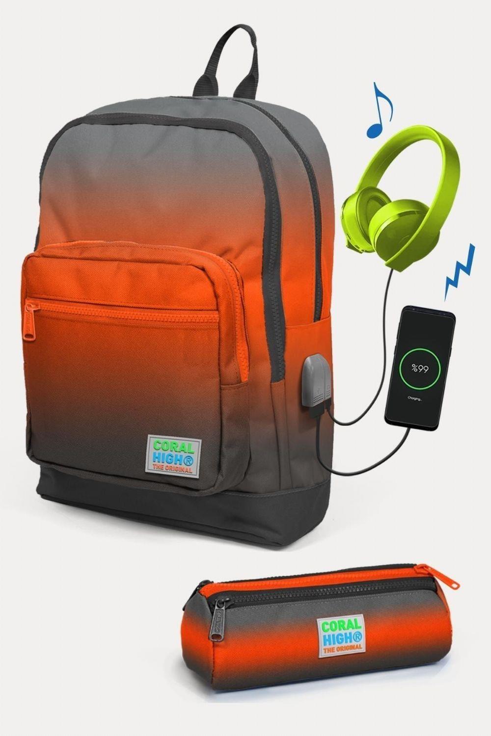 Coral High Kids Gri Turuncu Renk Geçişli USB'li 2'li Okul Çanta Seti - Erkek