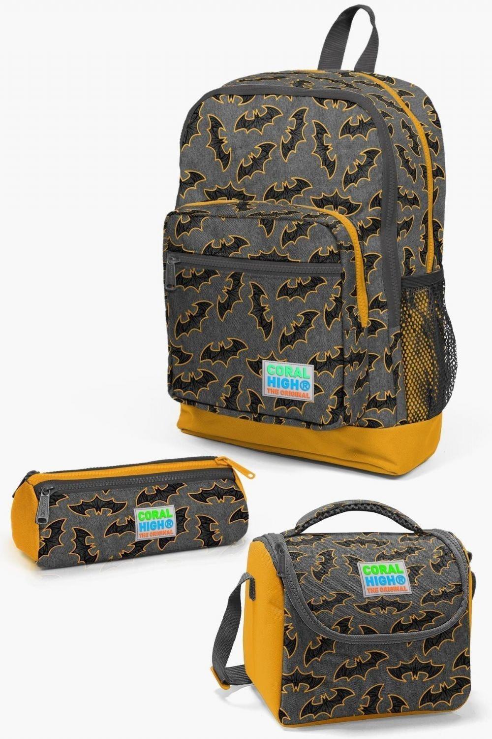 Coral High Kids Koyu Gri Hardal Yarasa Desenli 3lü Okul Çanta Seti - Erkek