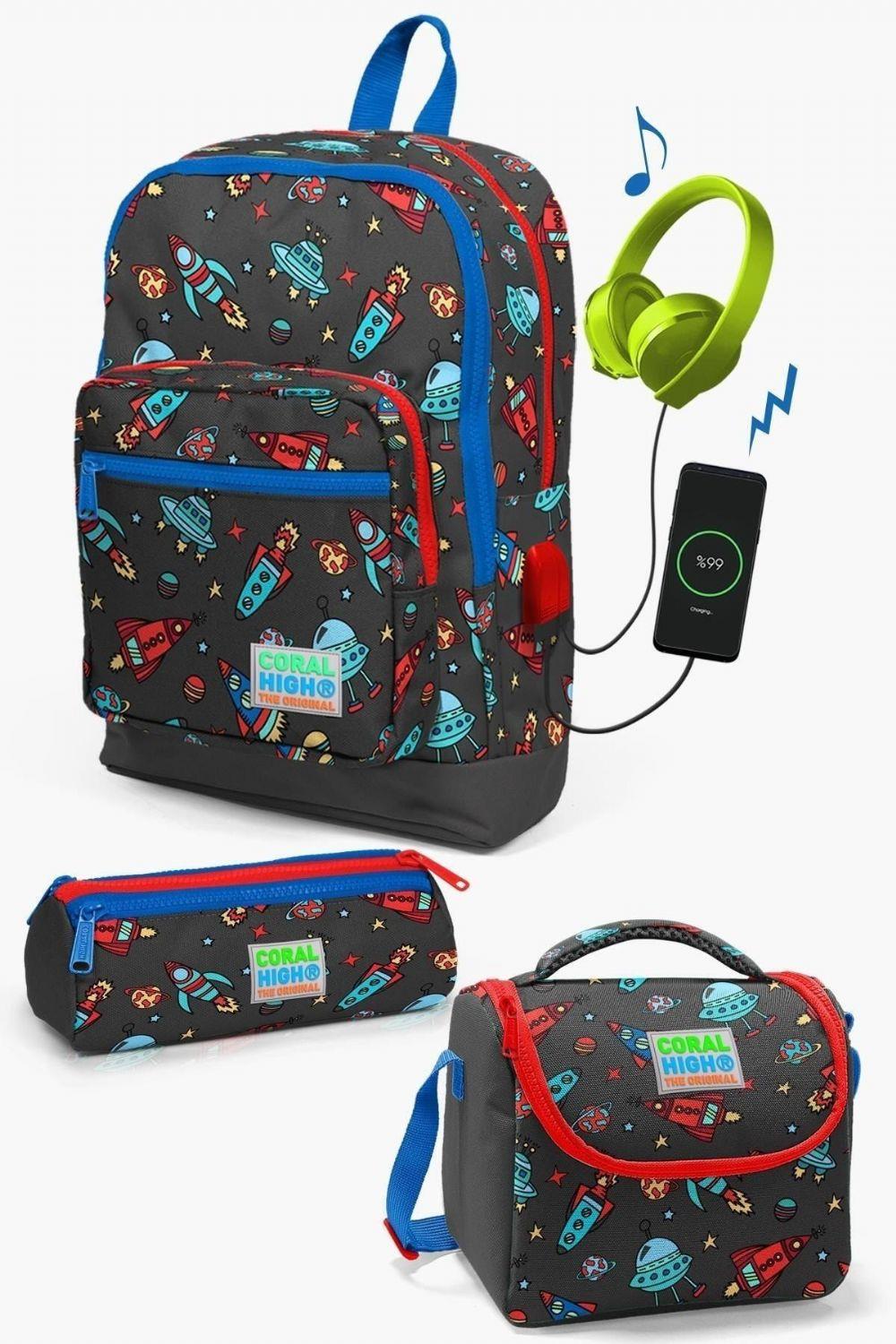 Coral High Kids Koyu Gri Kırmızı Uzay Desenli USB'li 3lü Okul Çanta Seti - Erkek Çocuk