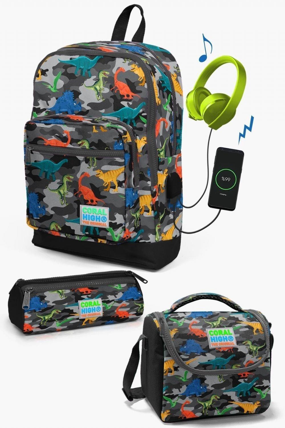 Coral High Kids Koyu Gri Siyah Kamuflaj Dinozor Desenli USB'li 3lü Okul Çanta Seti - Erkek Çocuk