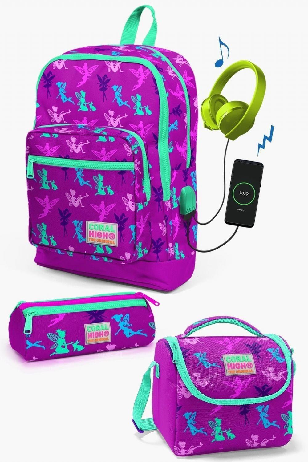 Coral High Kids Koyu Pembe Su Yeşili Peri Desenli USB'li 3lü Okul Çanta Seti - Kız Çocuk