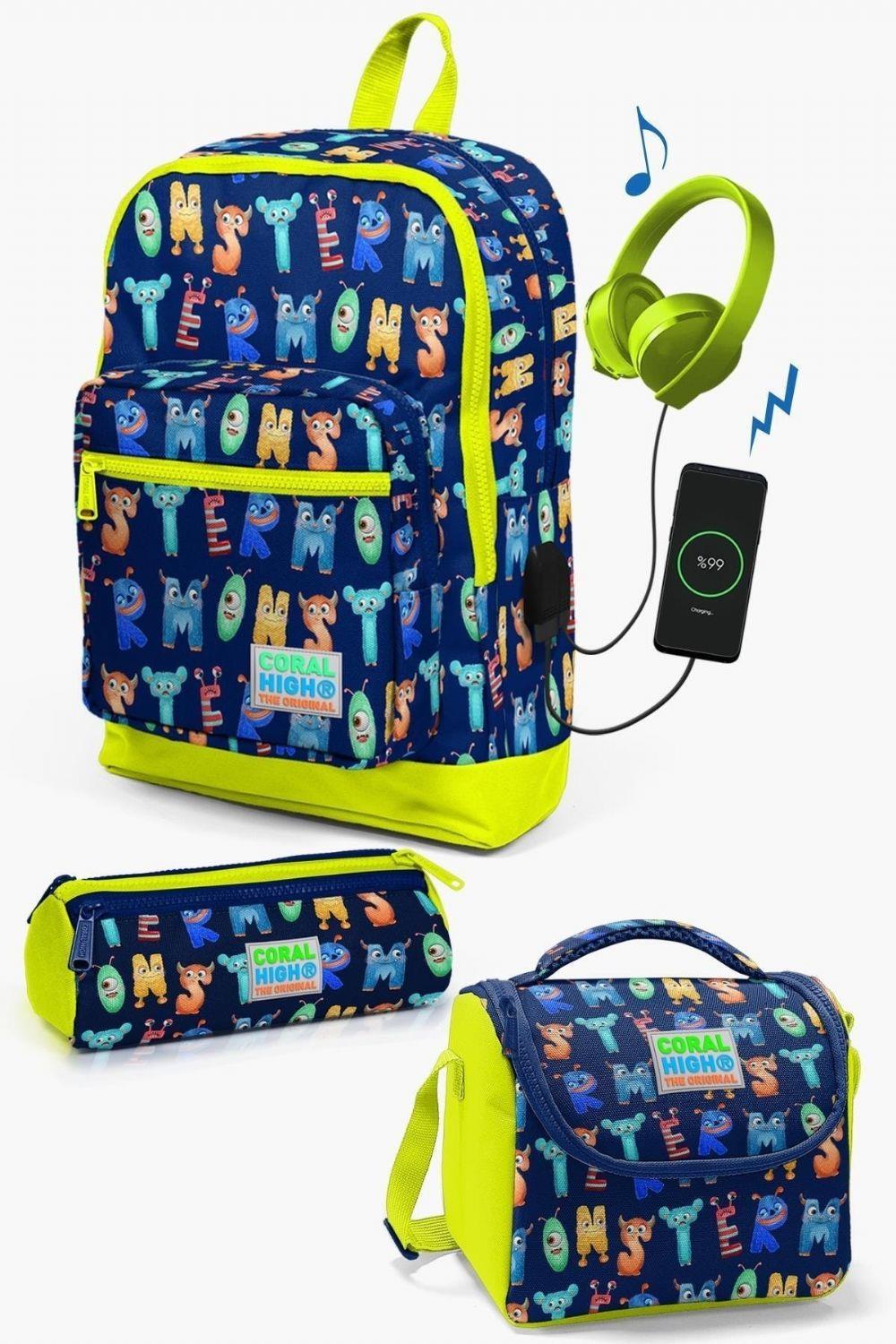 Coral High Kids Lacivert Neon Sarı Monster Desenli USB'li 3lü Okul Çanta Seti - Erkek