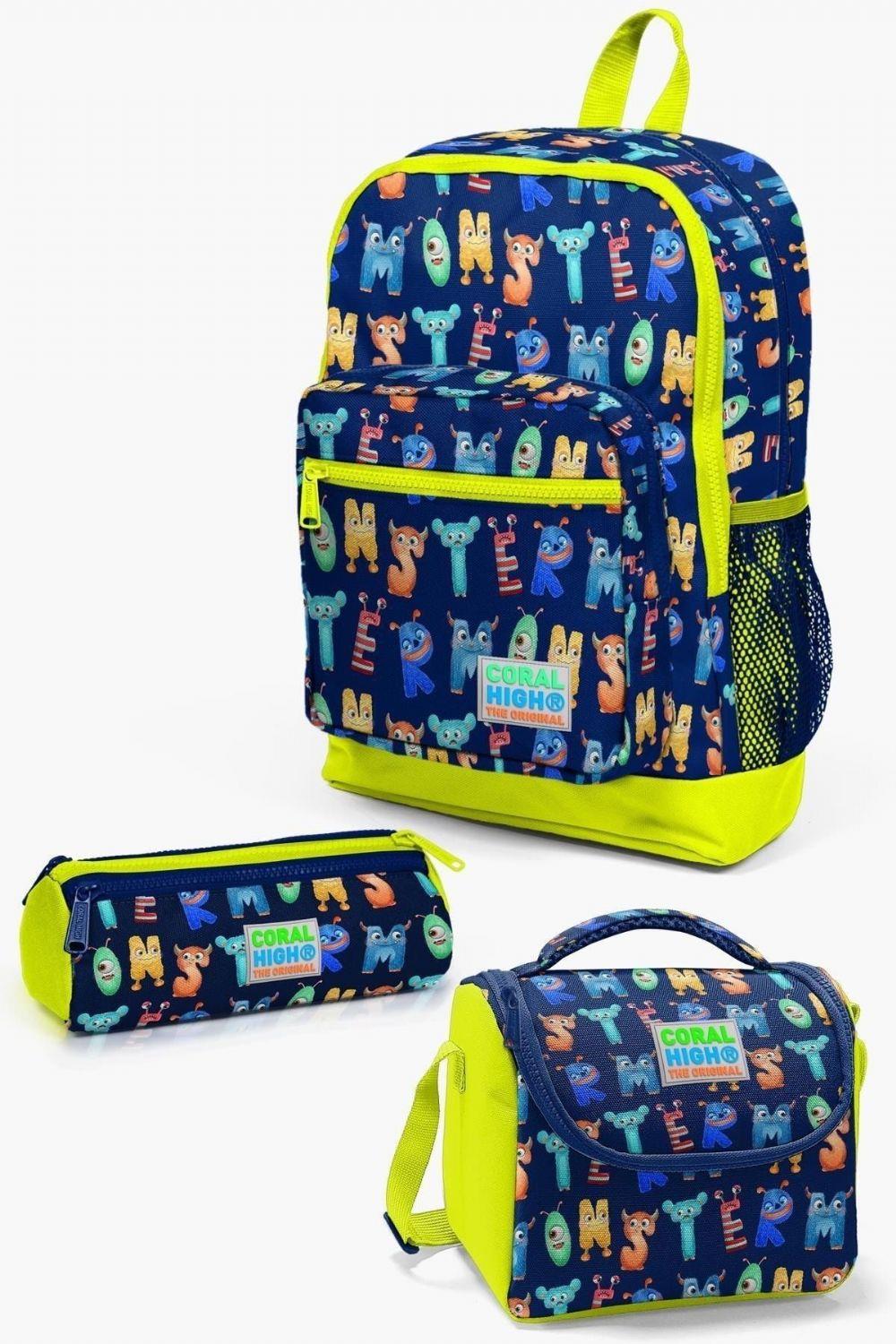 Coral High Kids Lacivert Neon Sarı Monster Desenli 3lü Okul Çanta Seti - Kız ve Erkek Çocuk
