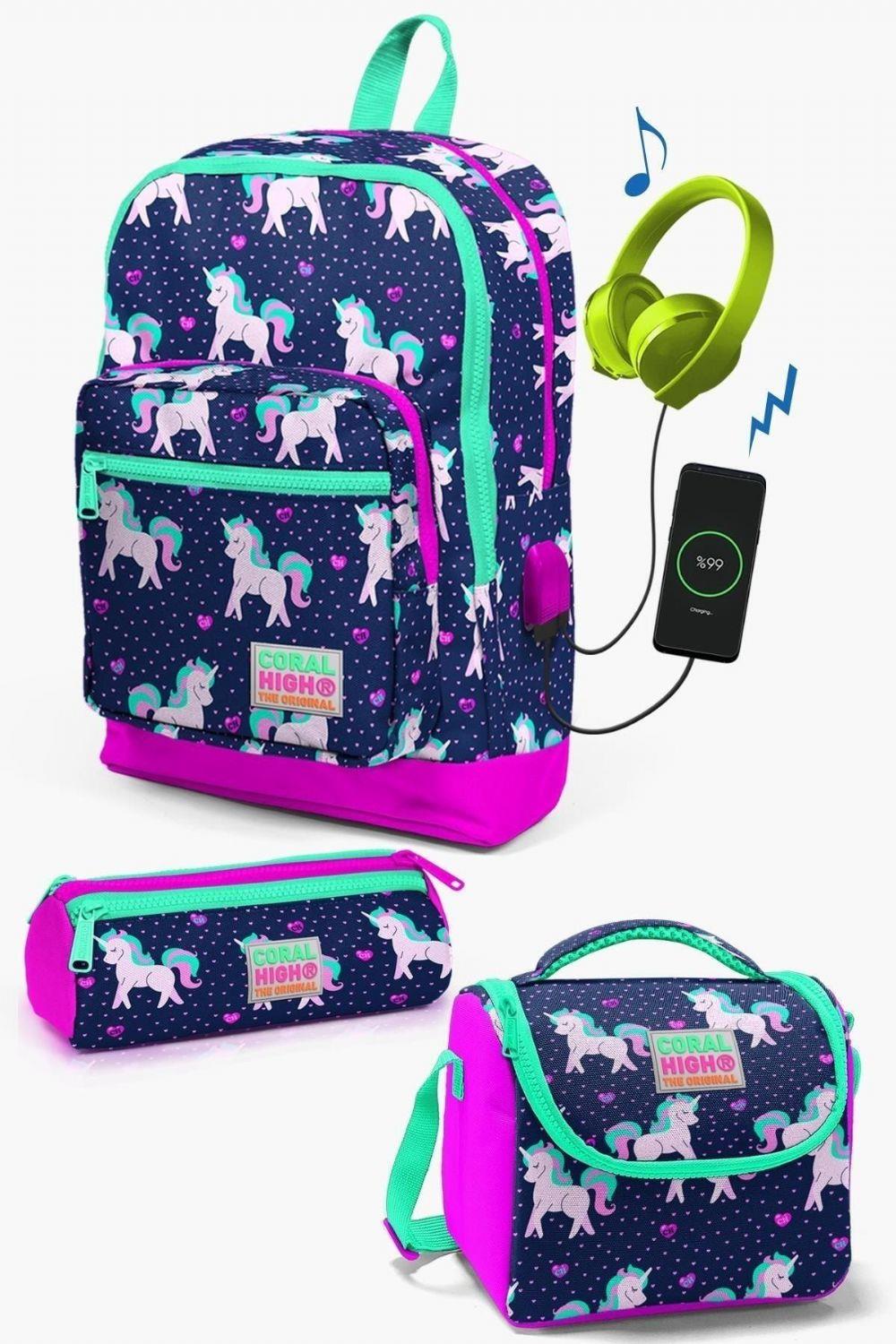 Coral High Kids Lacivert Pembe Unicorn Desenli USB'li 3lü Okul Çanta Seti - Kız Çocuk