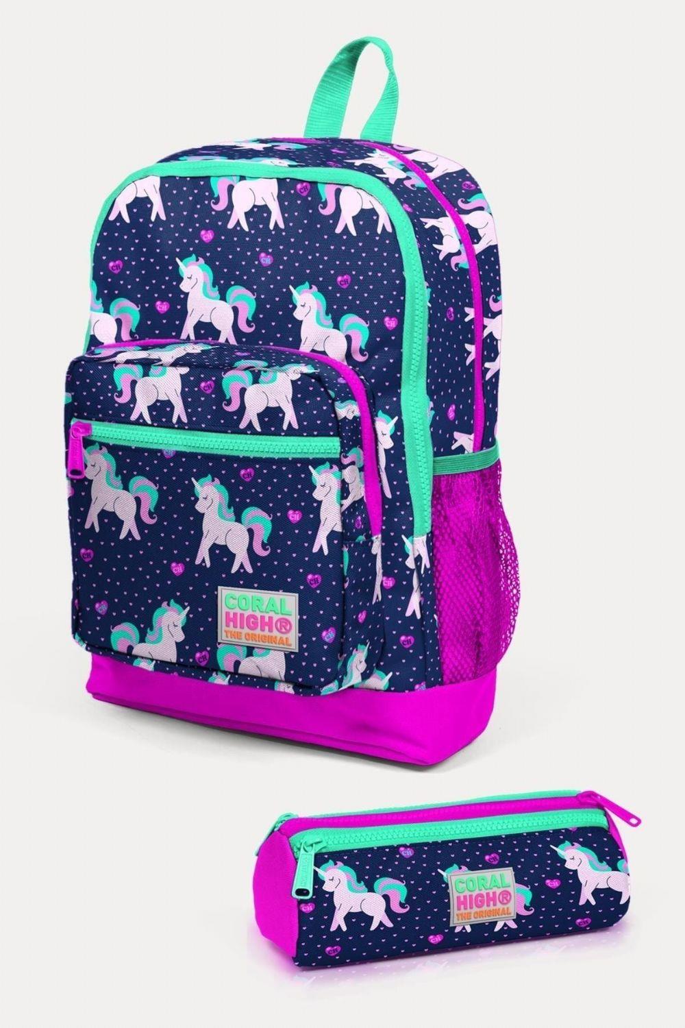 Coral High Kids Lacivert Pembe Unicorn Desenli 2'li Okul Çanta Seti - Kız Çocuk