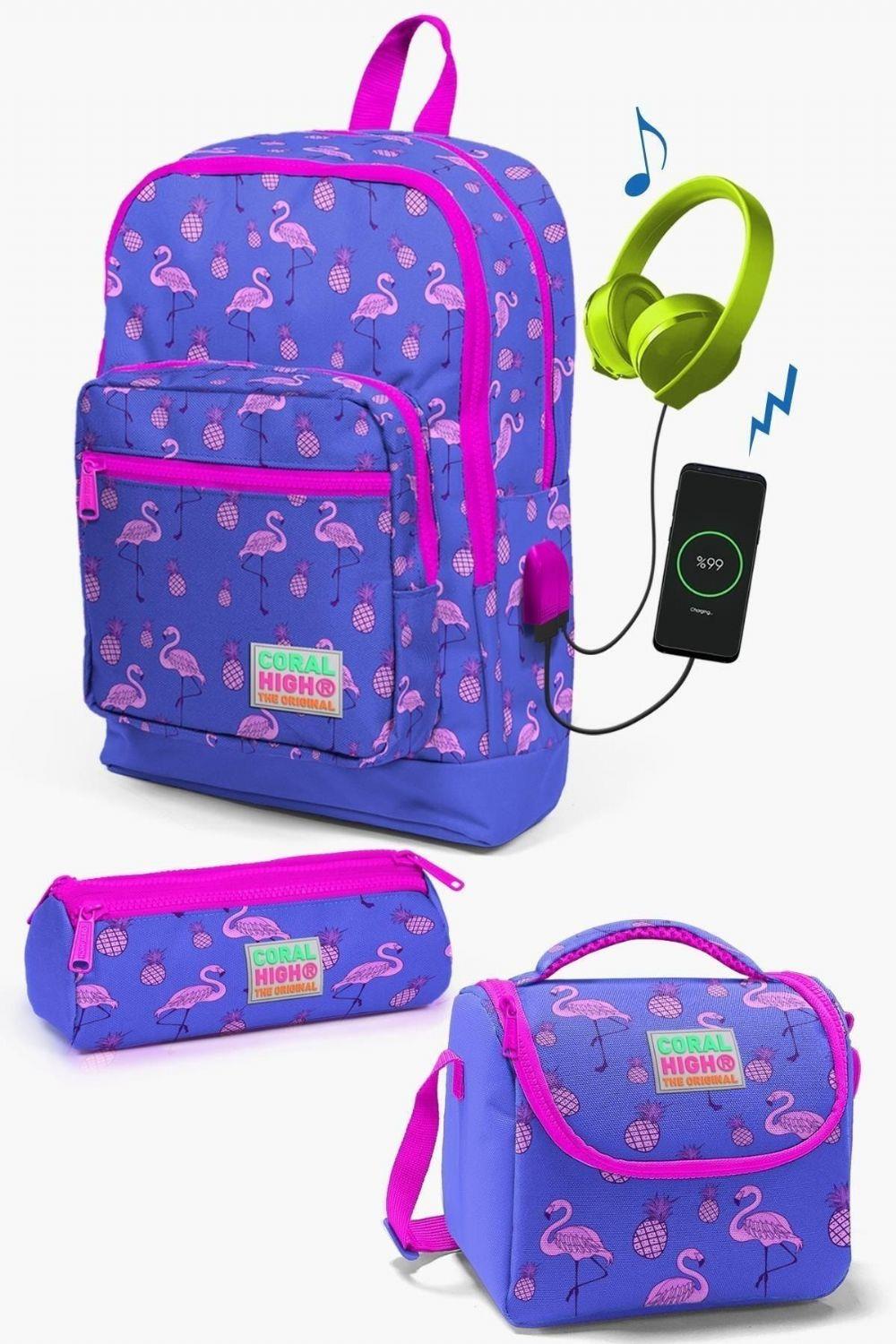Coral High Kids Lavanta Pembe Flamingo Desenli USB'li 3lü Okul Çanta Seti - Kız Çocuk