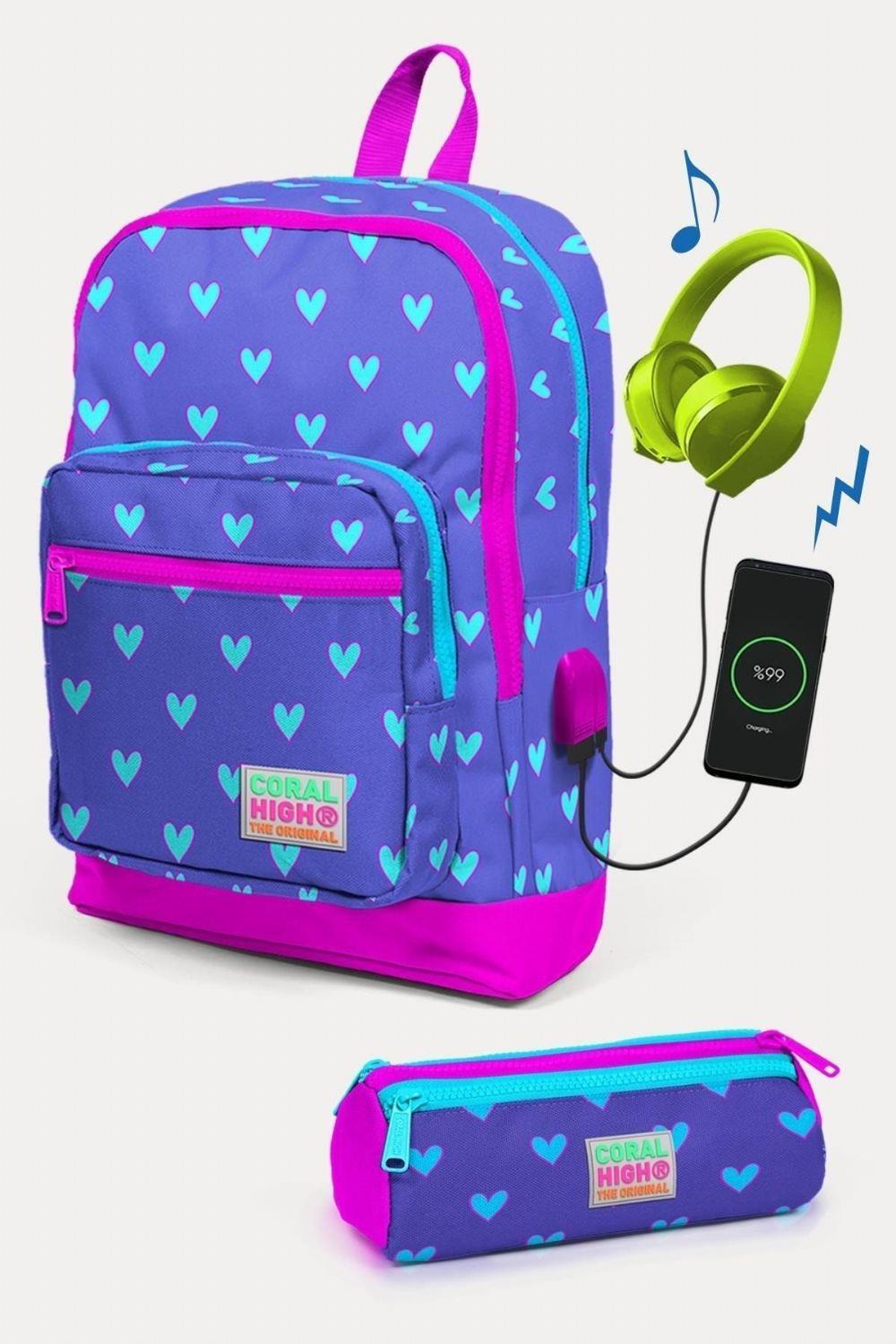 Coral High Kids Lavanta Pembe Kalp USB'li 2'li Okul Çanta Seti - Kız Çocuk