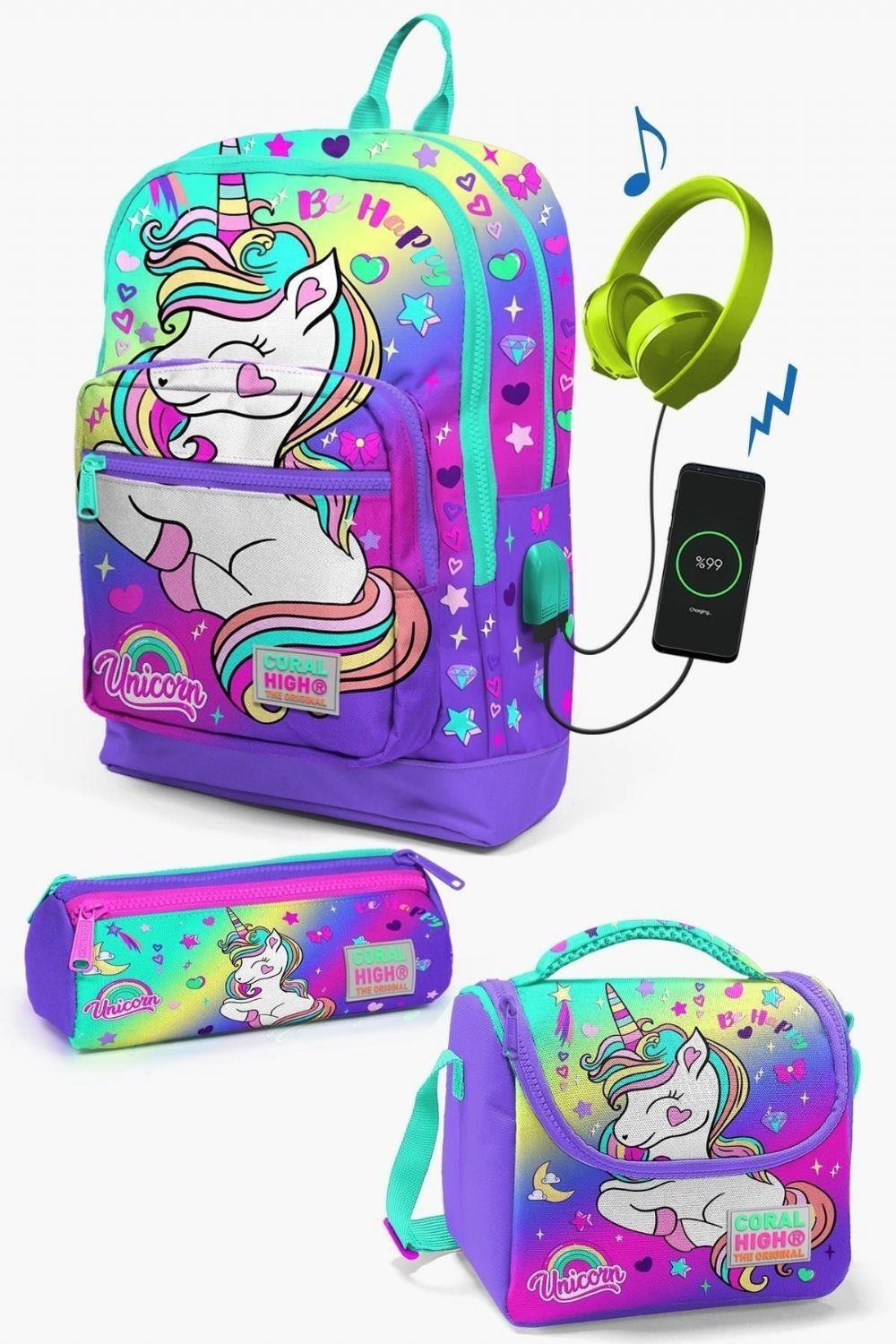 Coral High Kids Lavanta Su Yeşili Unicorn Desenli USB'li 3lü Okul Çanta Seti - Kız