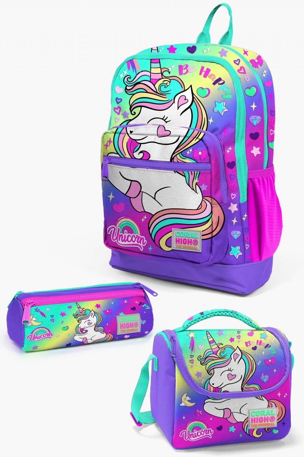 Coral High Kids Lavanta Su Yeşili Unicorn Desenli 3lü Okul Çanta Seti - Kız Çocuk