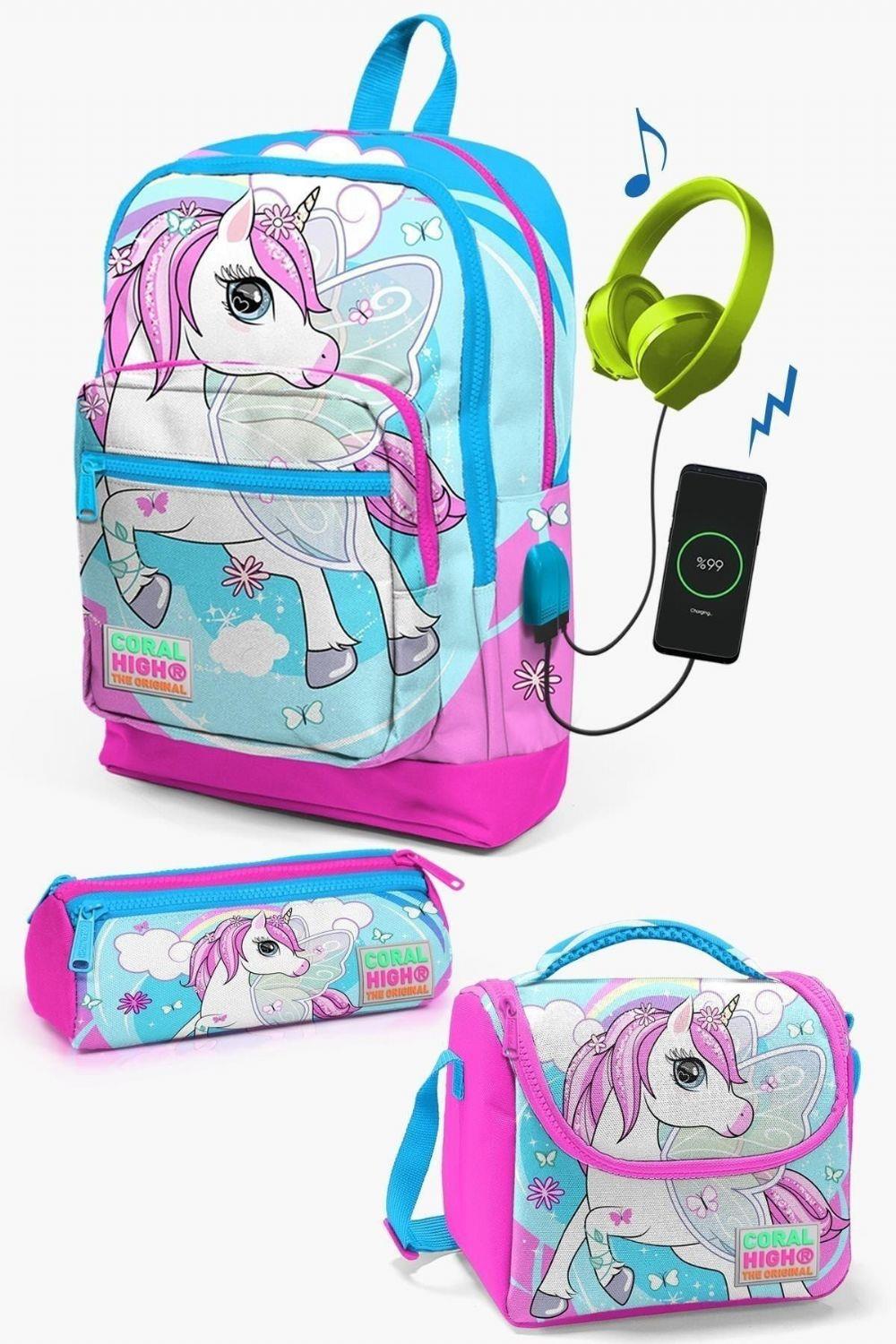 Coral High Kids Mavi Neon Pembe Unicorn Desenli USB'li 3lü Okul Çanta Seti - Kız Çocuk