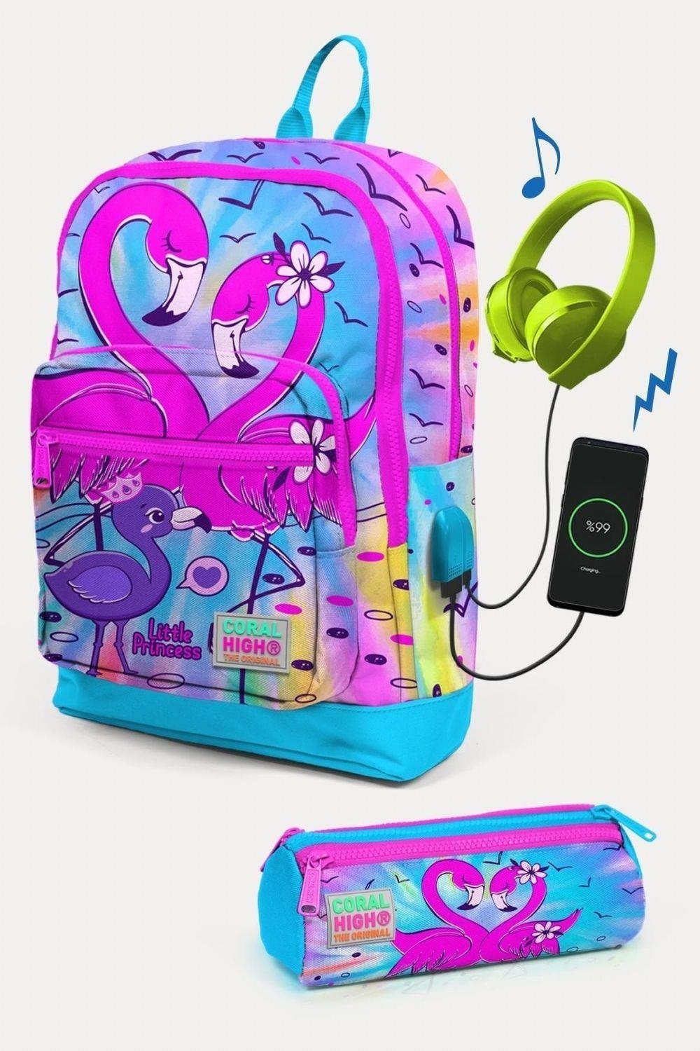Coral High Kids Mavi Pembe Flamingo Desenli USB'li 2'li Kız Çocuk Okul Çanta Seti