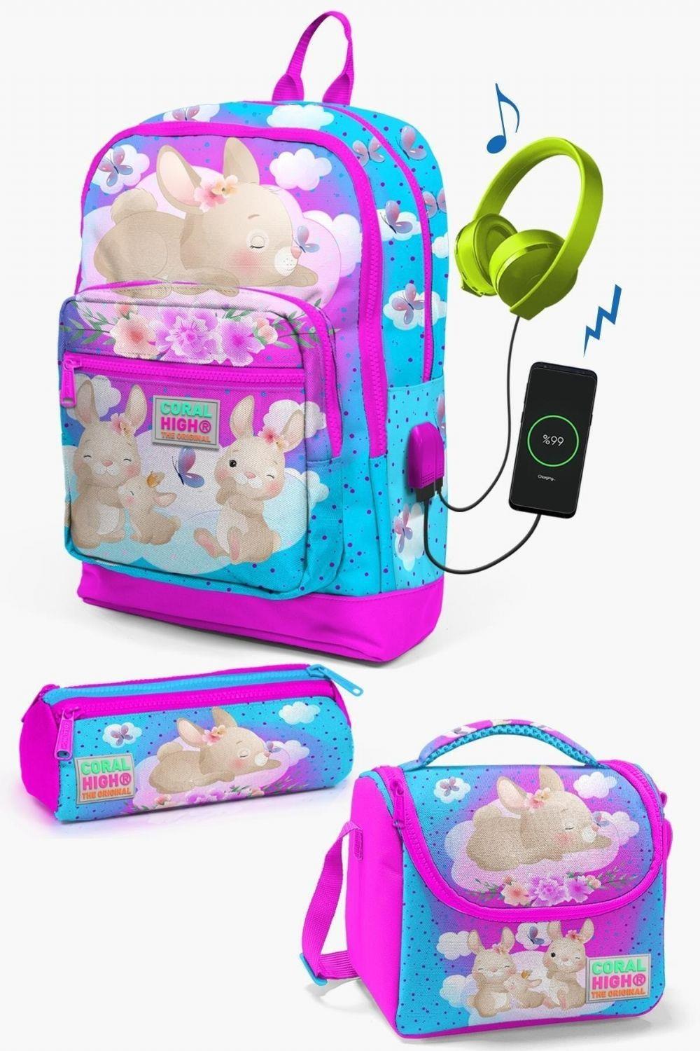 Coral High Kids Mavi Pembe Tavşan Desenli USB'li 3lü Okul Çanta Seti - Kız