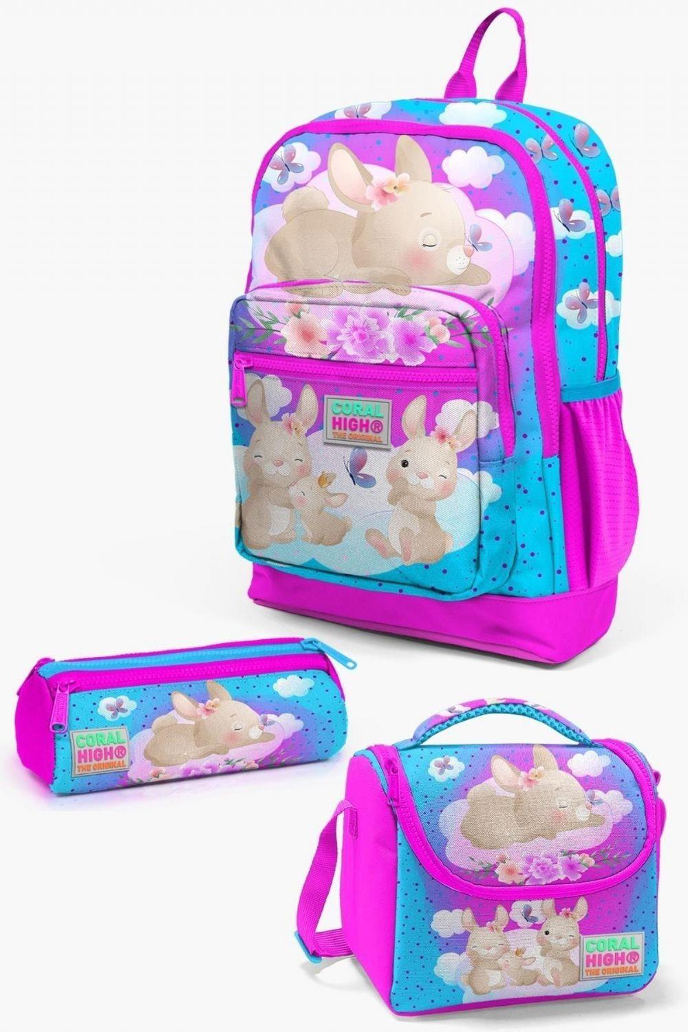 Coral High Kids Mavi Pembe Tavşan Desenli 3lü Okul Çanta Seti - Kız Çocuk