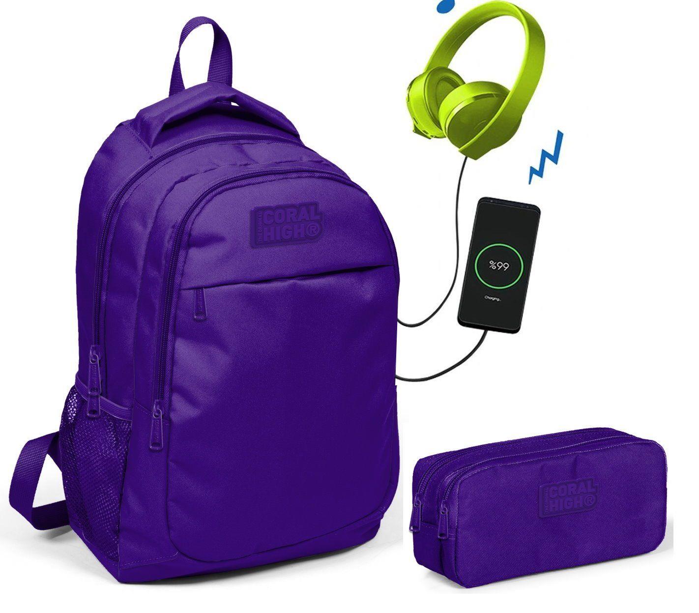 Coral High Kids Mor İlkokul Çantası ve Kalemlik Seti - USB Soketli