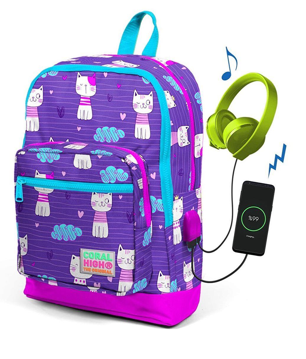 Coral High Kids Mor Kedi Desenli Dört Bölmeli Usb Şarjlı Kulaklık Çıkışlı Okul Sırt Çantası 23264