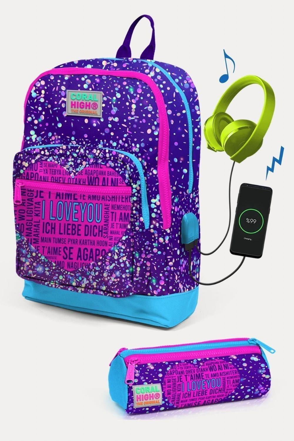 Coral High Kids Mor Mavi Pembe Kalp Desenli USB'li 2'li Kız Çocuk Okul Çanta Seti