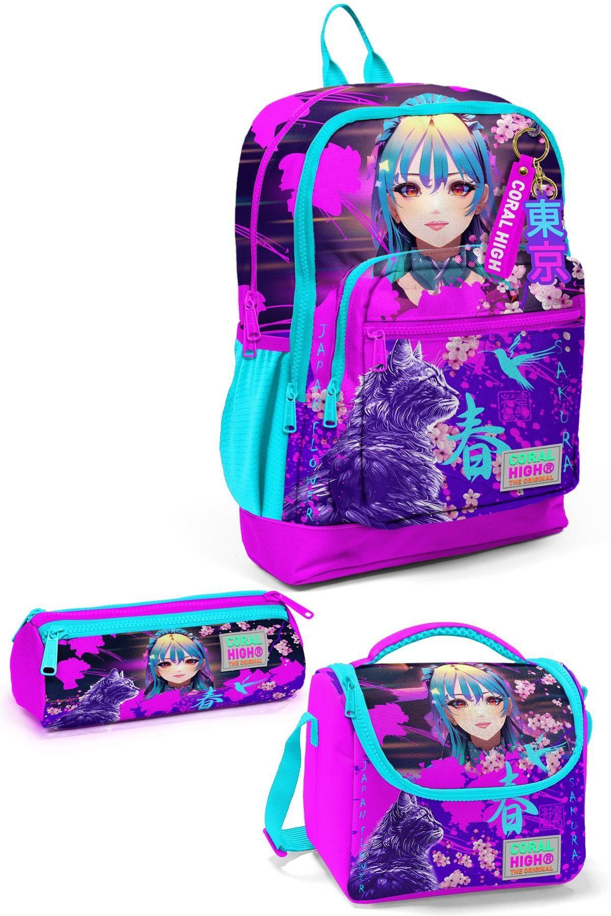 Coral High Kids Mor Pembe Anime Kedi Desenli 3lü Okul Çanta Seti SET0123753