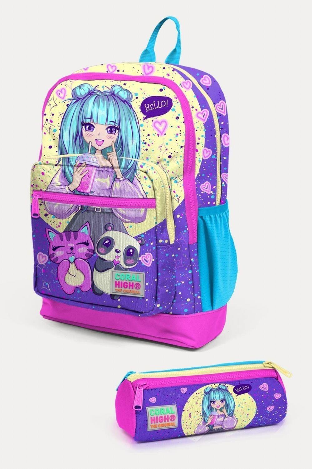 Coral High Kids Mor Pembe Anime Kız Desenli 2'li Okul Çanta Seti - Kız Çocuk