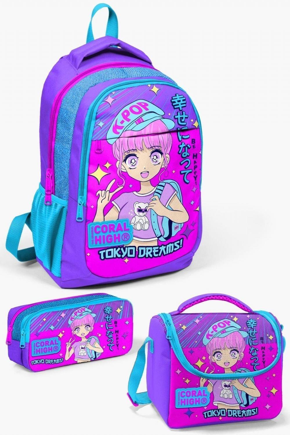 Coral High Kids Mor Pembe Mavi Simli K-Pop Desenli 3lü Okul Çanta Seti - Kız Çocuk