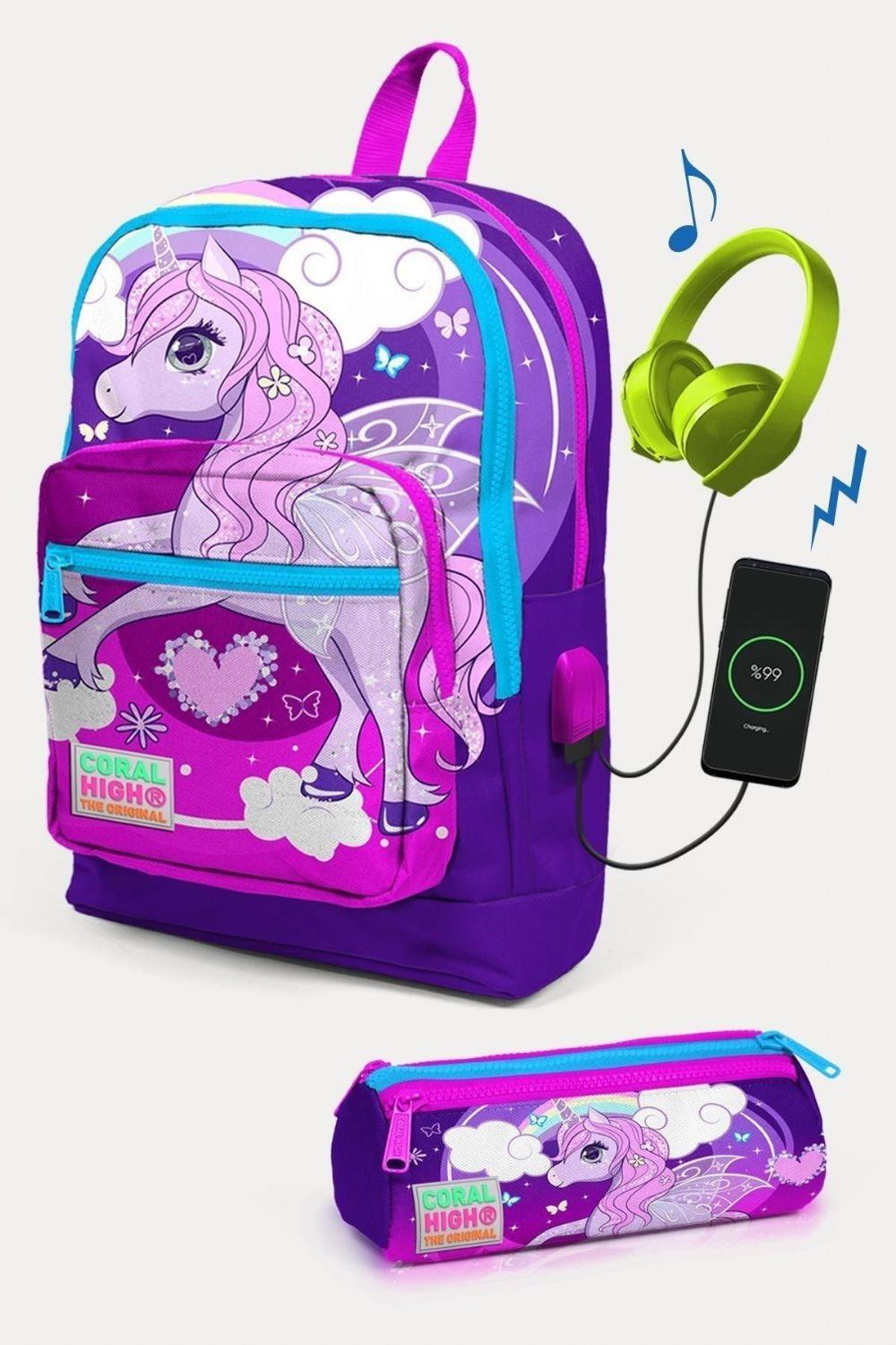 Coral High Kids Mor Pembe Unicorn Desenli USB'li 2'li Okul Çanta Seti - Kız Çocuk