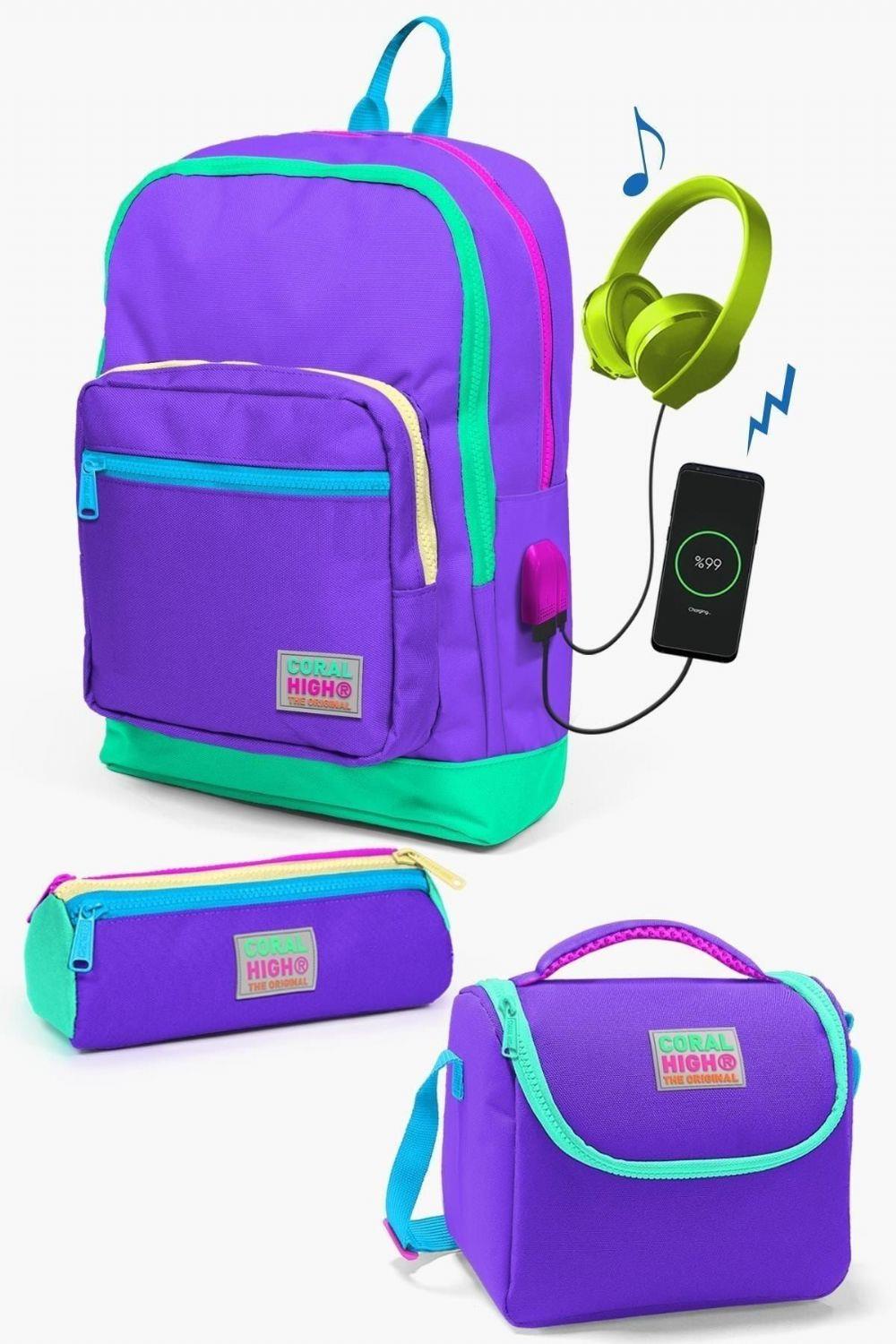 Coral High Kids Mor Renk Detaylı USB'li 3lü Okul Çanta Seti - Kız