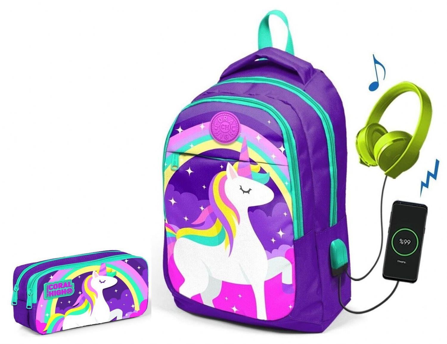 Coral High Kids Mor Unicorn İlkokul Çantası ve Kalemlik Seti - USB Soketli