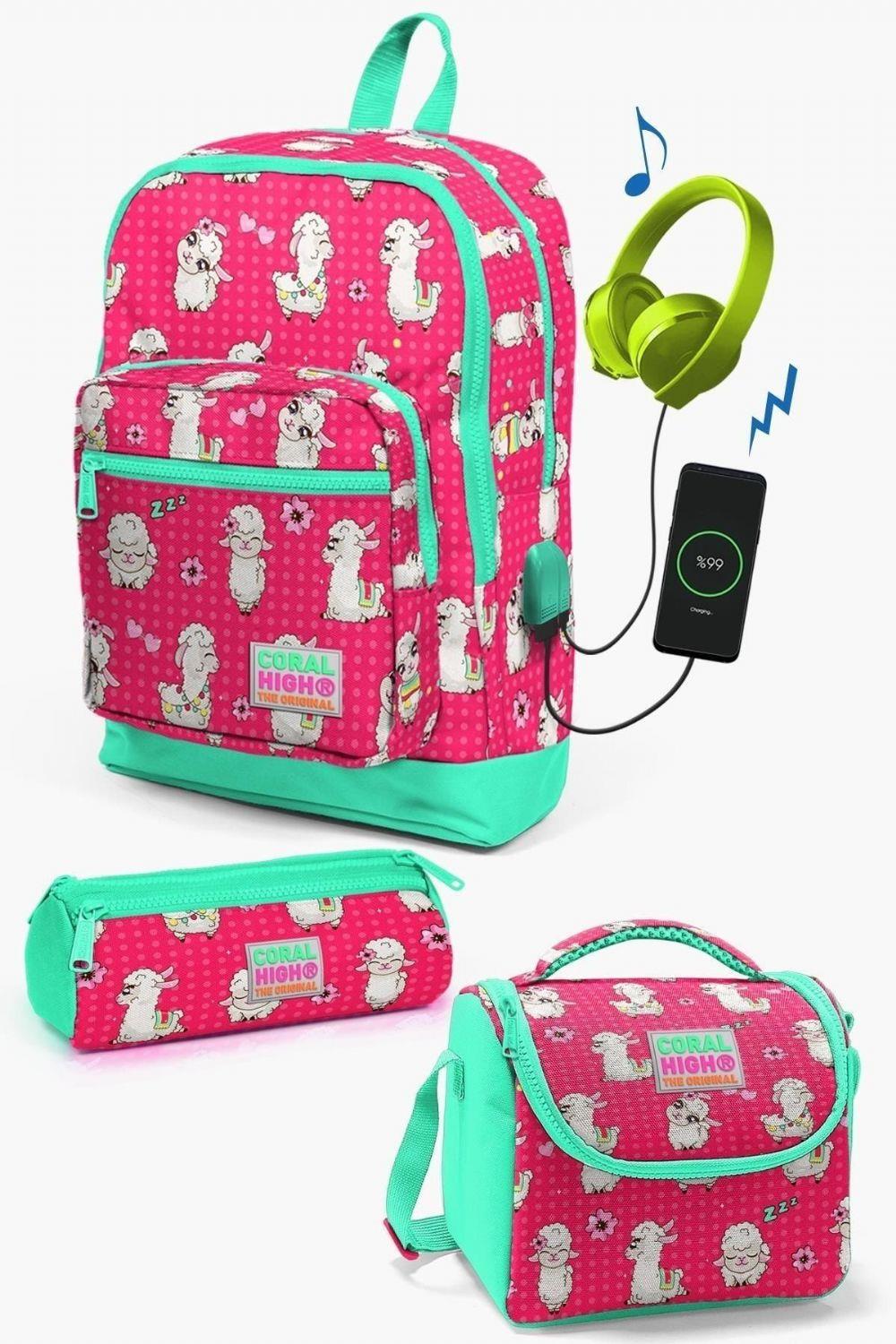 Coral High Kids Neon Mercan Su Yeşili Alpaka Desenli USB'li 3lü Okul Çanta Seti - Kız Çocuk