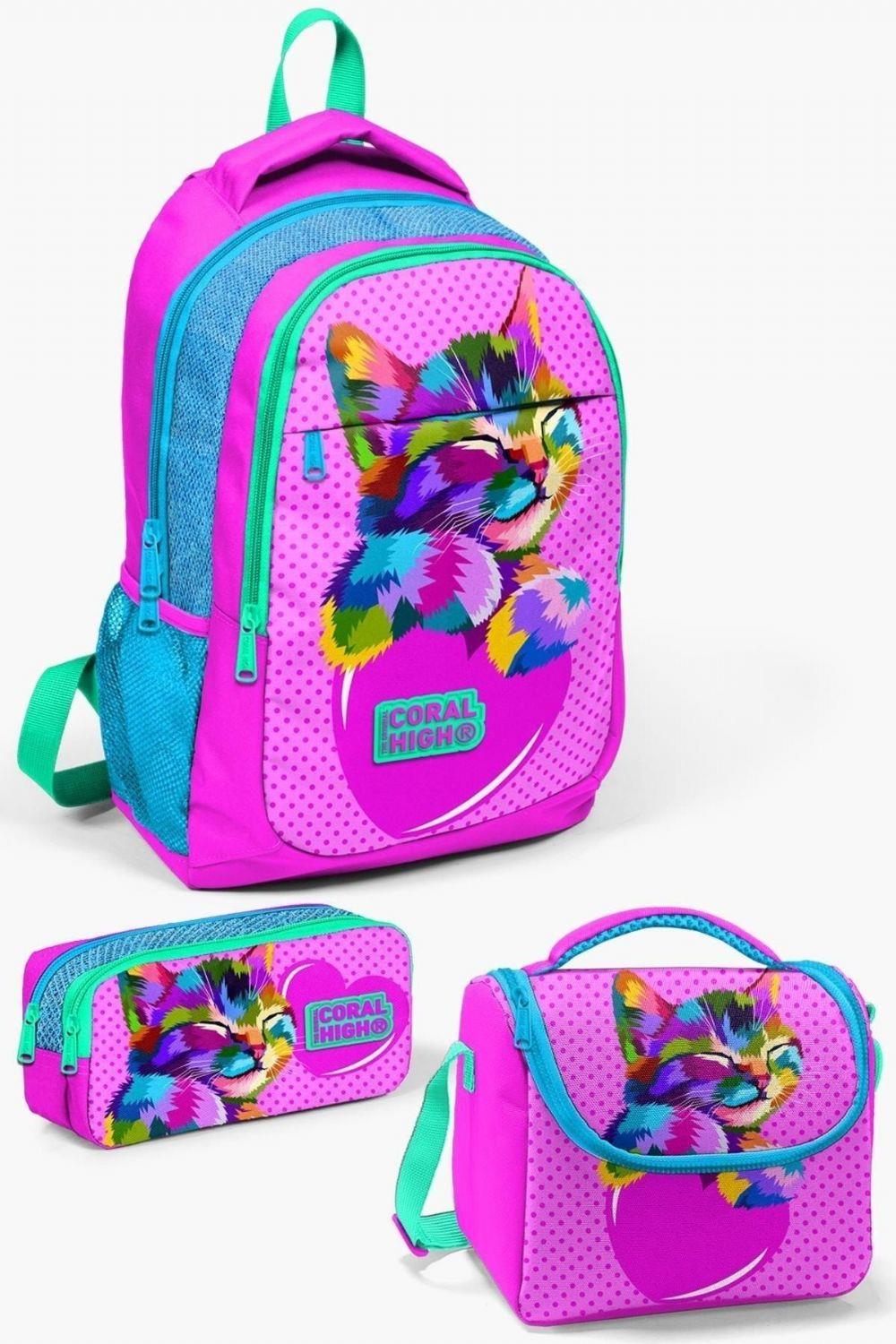 Coral High Kids Pembe Mavi Simli Kedi Desenli 3lü Okul Çanta Seti - İlkokul - Kız Çocuk