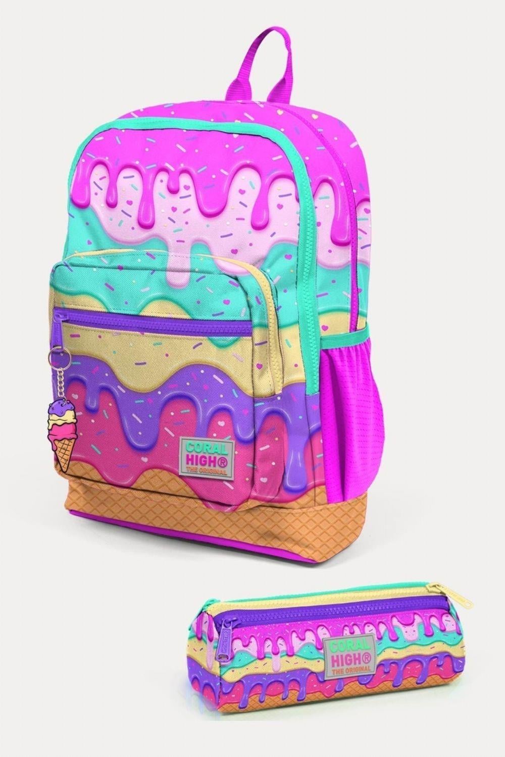 Coral High Kids Pembe Rengarenk Dondurma Desenli 2'li Okul Çanta Seti - Kız Çocuk