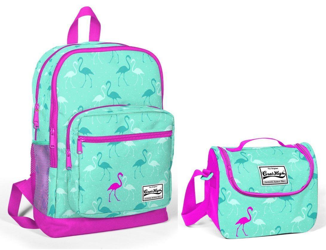 Coral High Kids Pembe-Su Yeşili Flamingo İlkokul Çantası ve Beslenme Çantası Seti