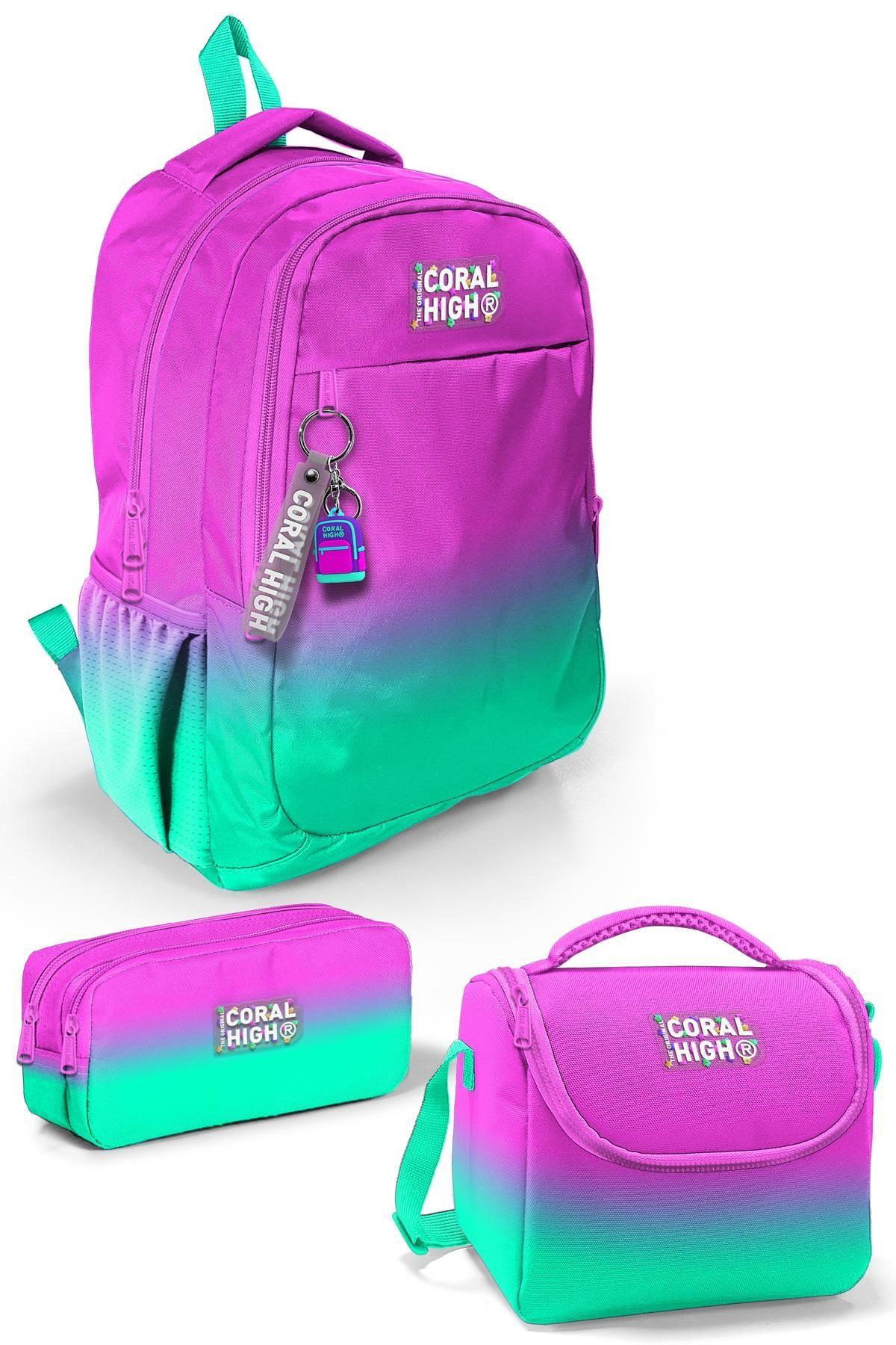 Coral High Kids Pembe Su Yeşili Renk Geçişli 3lü Okul Çanta Seti SET0123664
