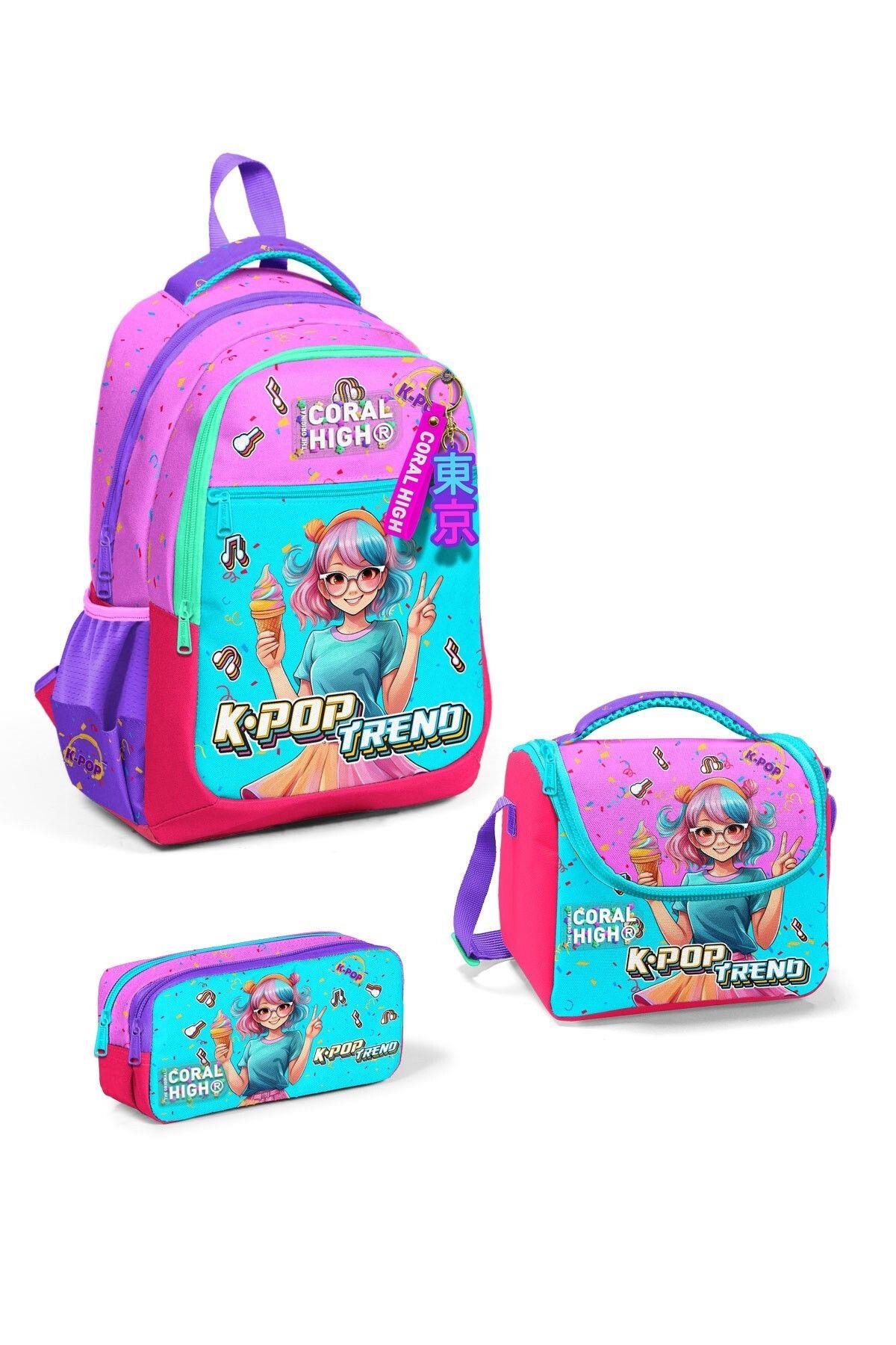Coral High Kids Pembe Turkuaz K-Pop Desenli 3'lü Okul Çanta Seti SET0114427 - Kız