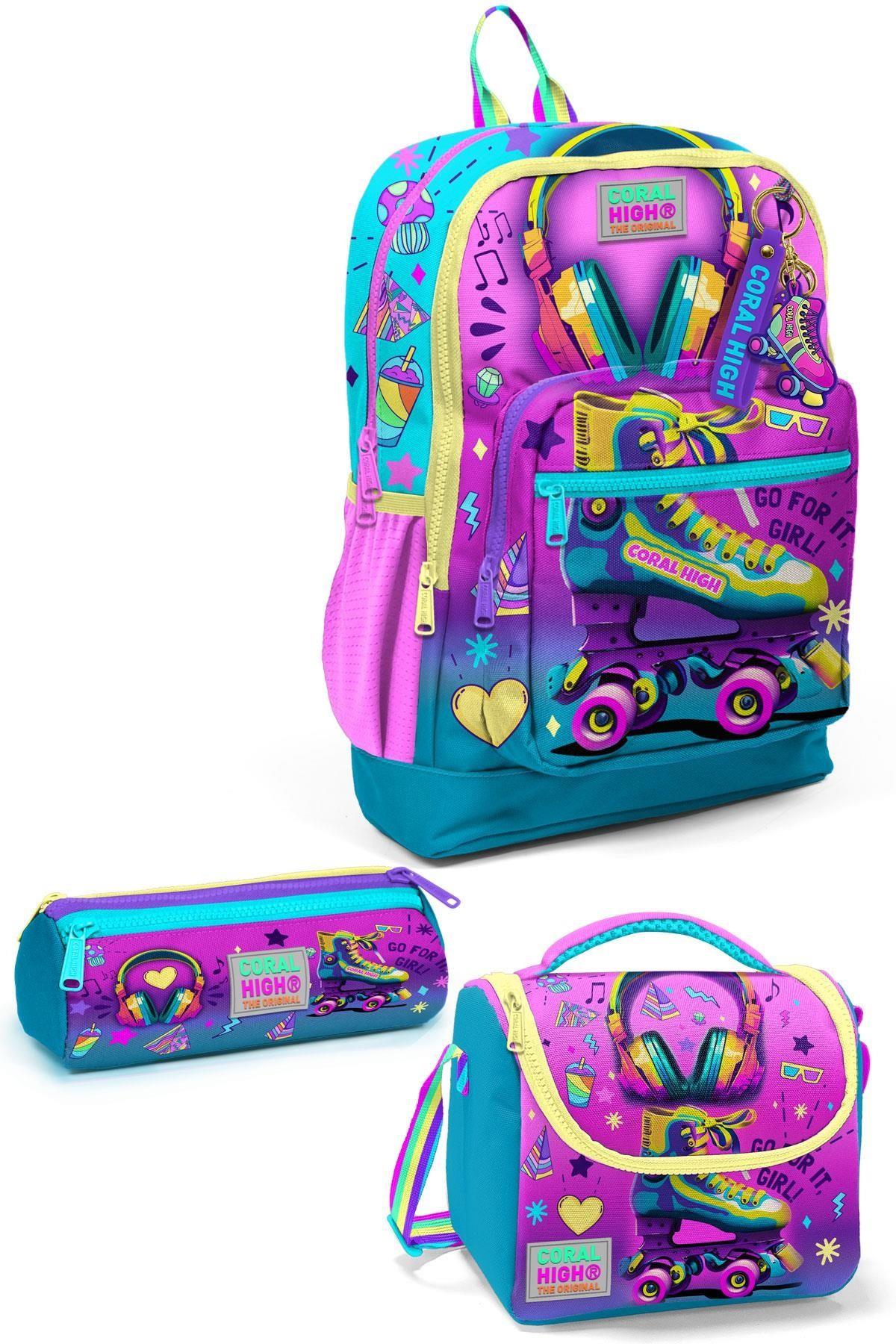 Coral High Kids Pembe Turkuaz Kulaklık Paten Desenli 3lü Okul Çanta Seti SET0123754