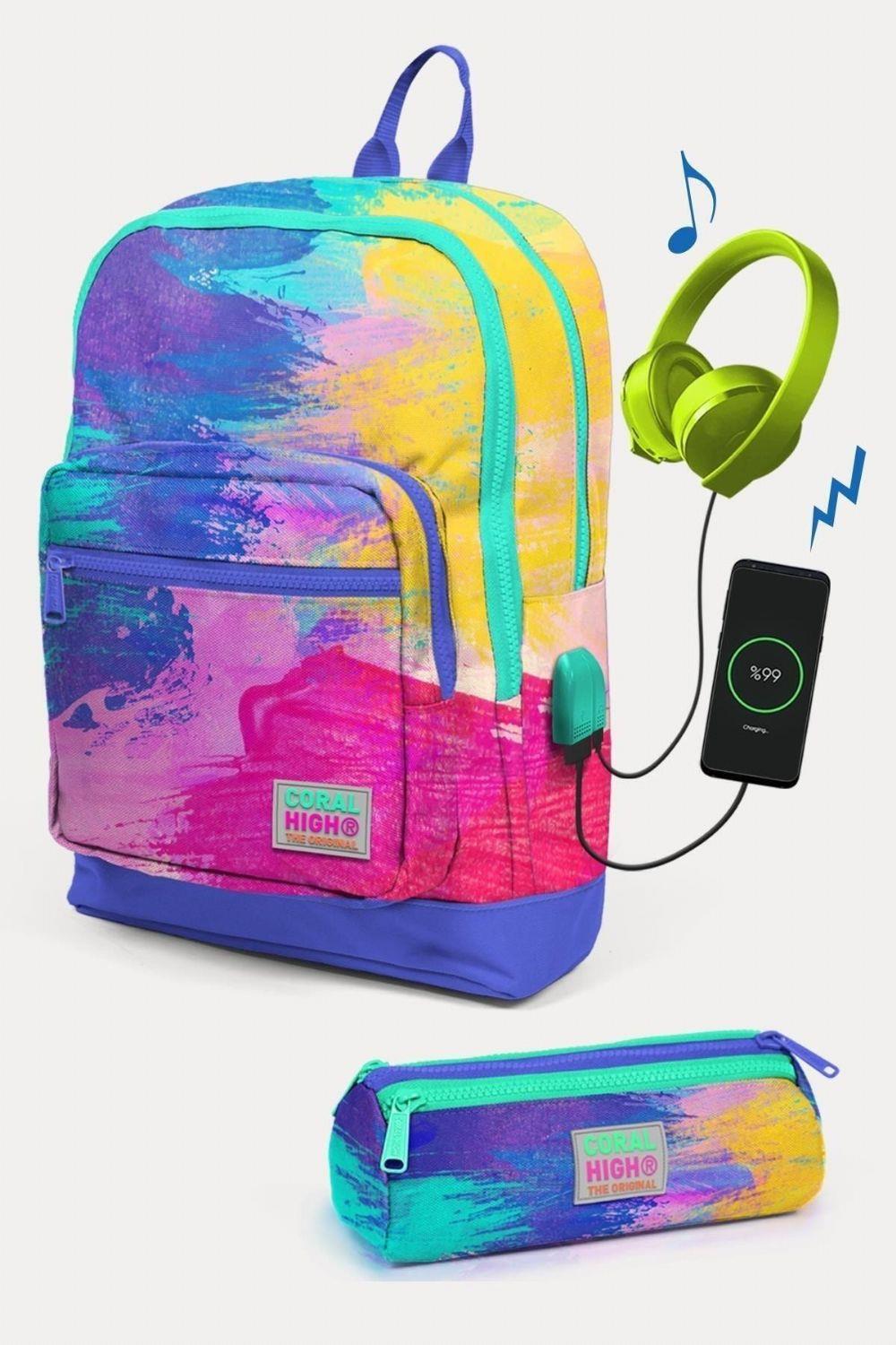 Coral High Kids Renkli Airbrush Desenli USB'li 2'li Kız Çocuk Okul Çanta Seti