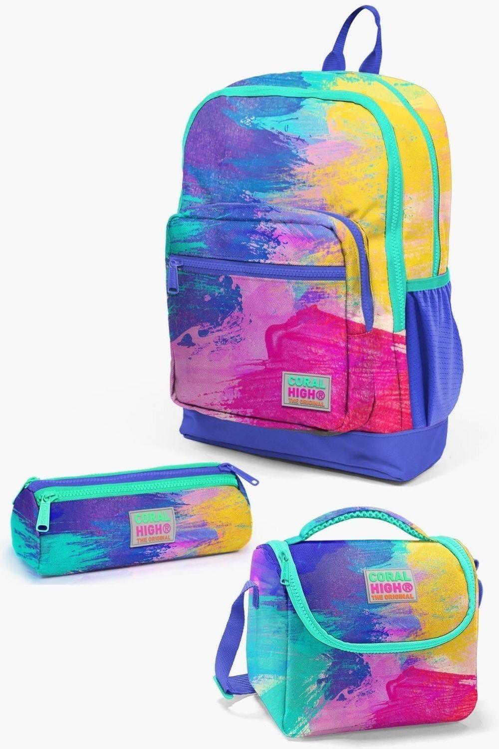 Coral High Kids Renkli Airbrush Desenli Desenli 3lü Okul Çanta Seti - Kız Çocuk