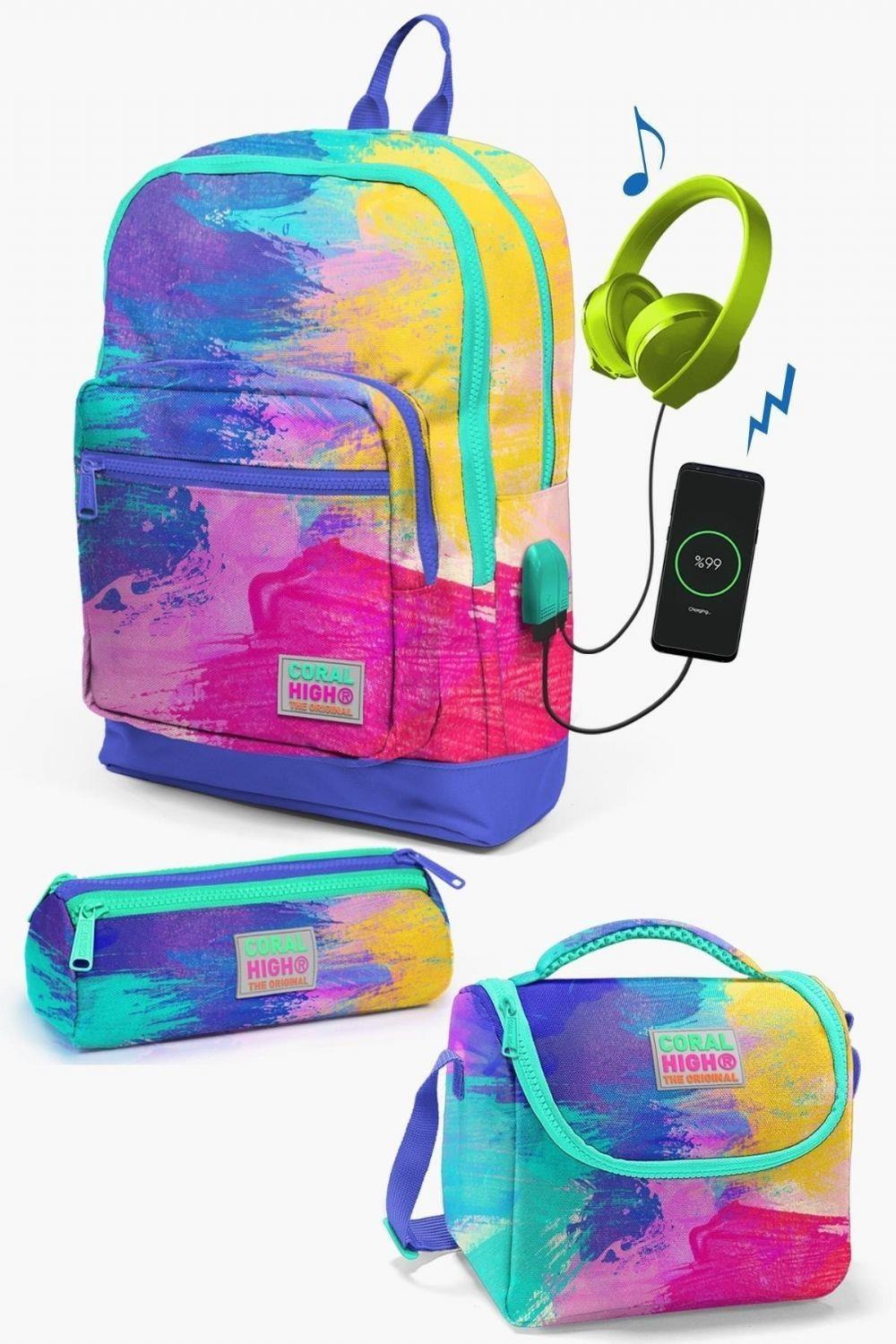 Coral High Kids Renkli Airbrush Desenli USB'li 3lü Okul Çanta Seti - Kız