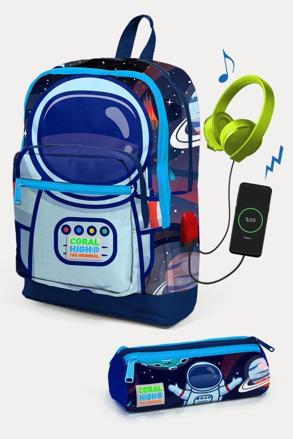 Coral High Kids Saks Mavi Astronot Desenli USB'li 2'li Erkek Çocuk Okul Çanta Seti