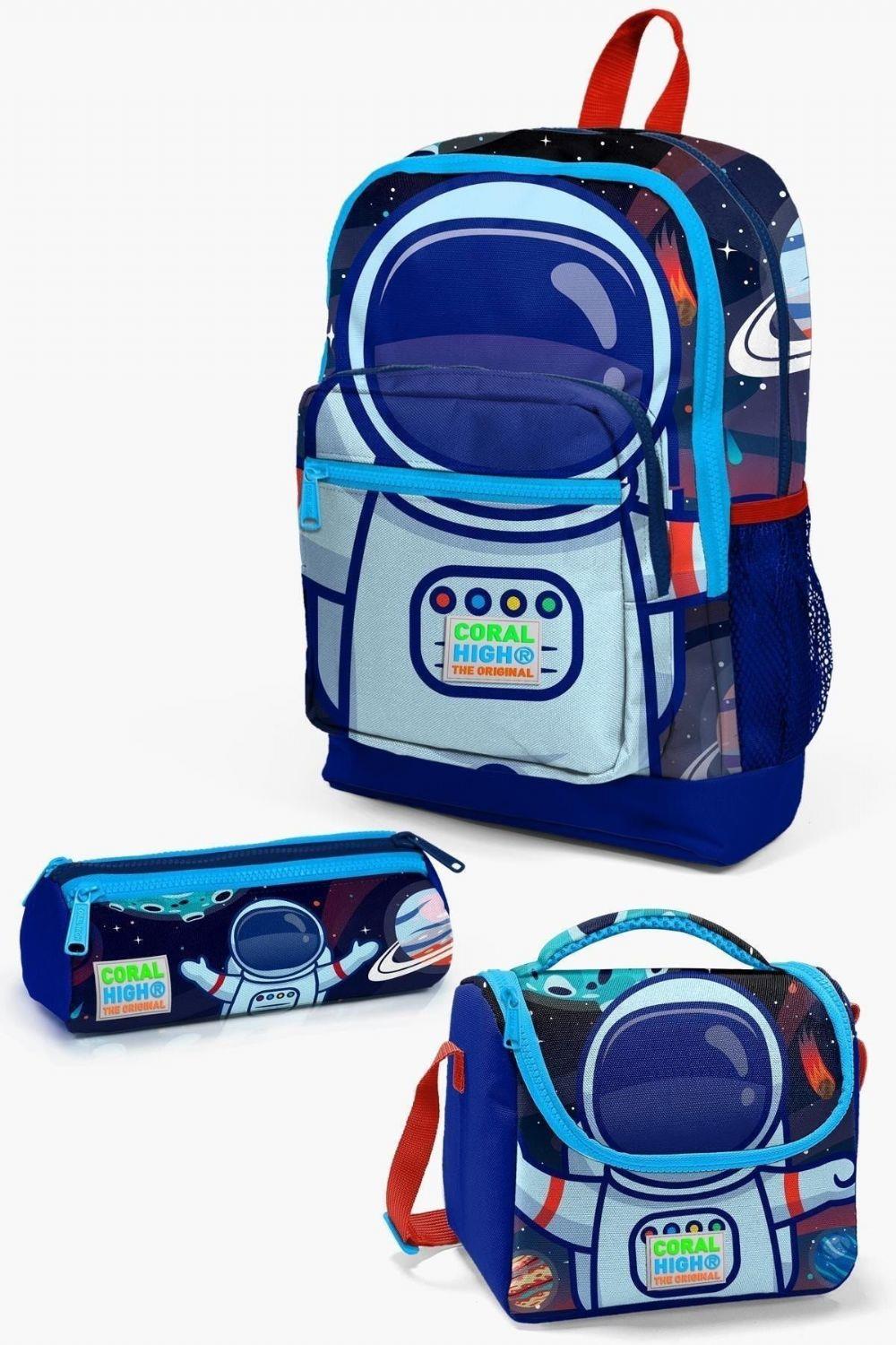 Coral High Kids Saks Mavi Astronot Desenli 3lü Okul Çanta Seti - Erkek Çocuk