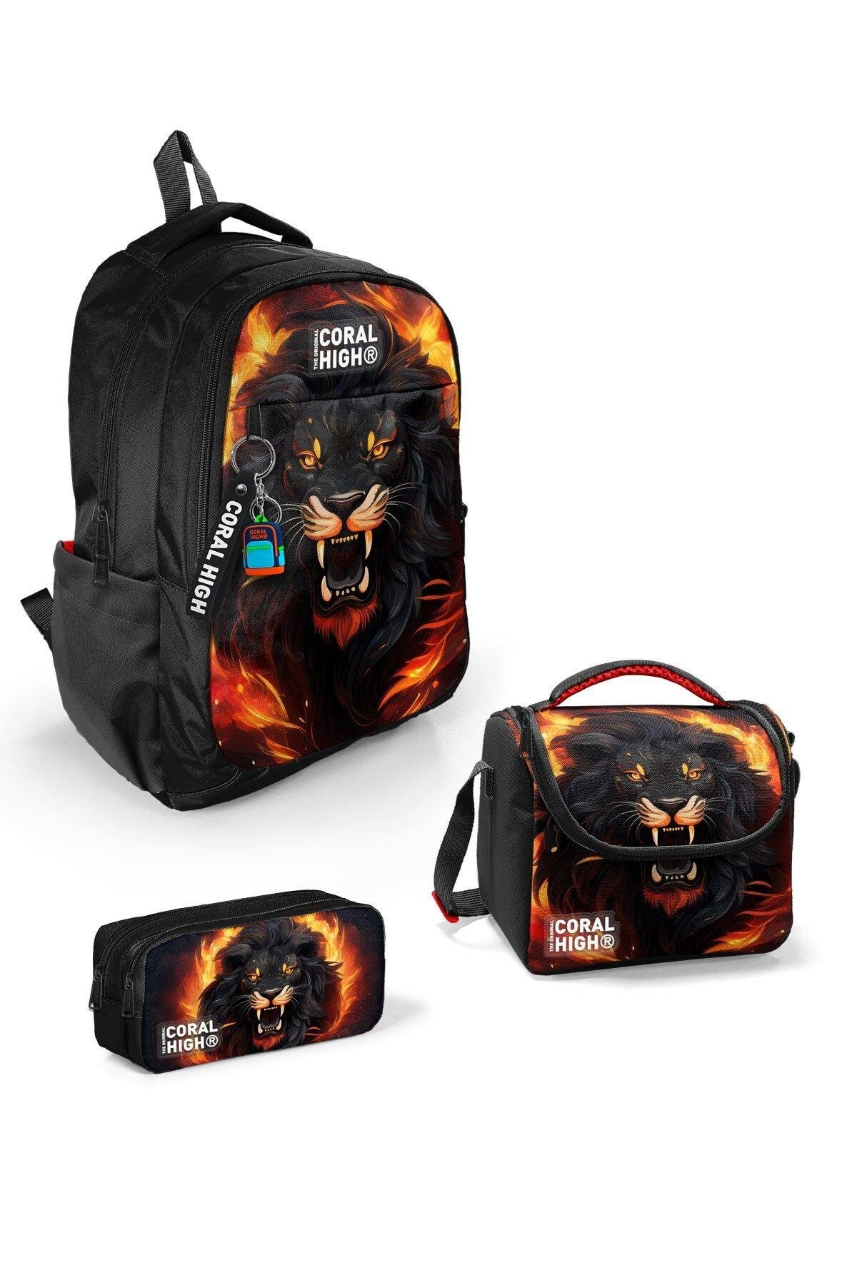 Coral High Kids Siyah Aslan Desenli 3'lü Okul Çanta Seti SET0123671 - Erkek